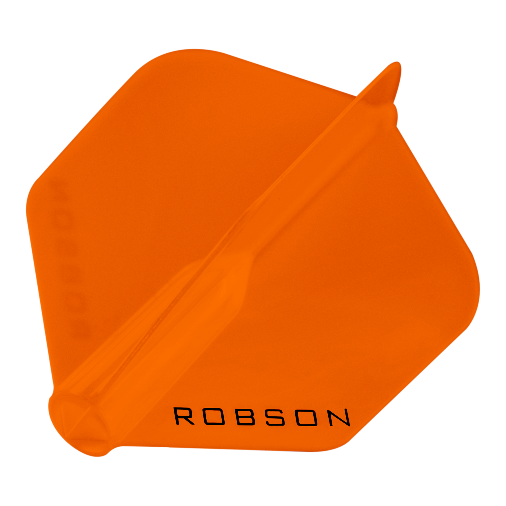 Robson Plus Flights - Standard Das Bild zeigt ein orangefarbenes Dart-Flügel mit der Aufschrift "ROBSON". Er hat eine sechseckige Form und ist transparent.