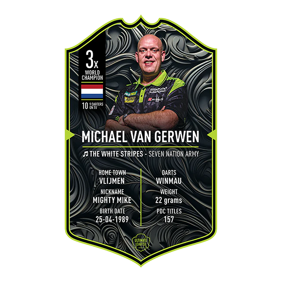 Dies ist eine Sammelkarte von "Ultimate Darts" für Michael Van Gerwen aus dem Jahr 2025. Sie zeigt sein Foto und enthält Informationen wie seinen Spitznamen, Geburtsdatum, Heimatstadt und Statistiken.