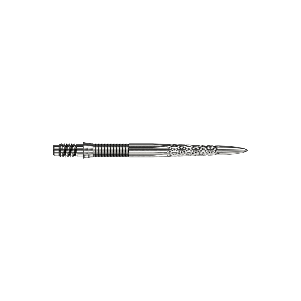 Mission R2.5 Rapid Point DSX Dart Tips - Silver Abgebildet sind silberne Dartspitzen Mission R25 Rapid Point DSX mit einer Länge von 30mm. Die Spitzen werden aus zwei verschiedenen Blickwinkeln präsentiert.