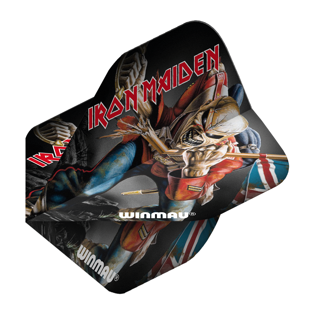 6905-224_Winmau_Rockstar_Legends_Iron_Maiden_Eddie_Standard_Flights_2 Das Bild zeigt ein Dartflight mit einem Motiv von Iron Maiden und ihrem Maskottchen Eddie. Auf dem Flight steht in roten Buchstaben "IRON MAIDEN" und unten ist das Winmau-Logo zu sehen.