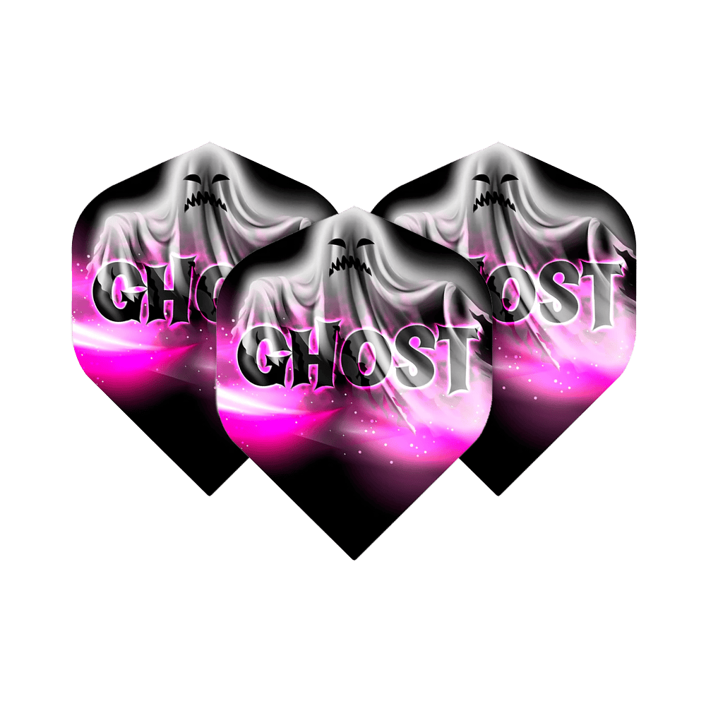 Mission Solo Bailey Marsh No2 Standard Flights Das Bild zeigt drei Dart-Flights mit dem Aufdruck „GHOST“ und einem stilisierten Geist auf einem schwarz-rosa Hintergrund. Es handelt sich um das Produkt "Mission Solo Bailey Marsh No2 Standard Flights".