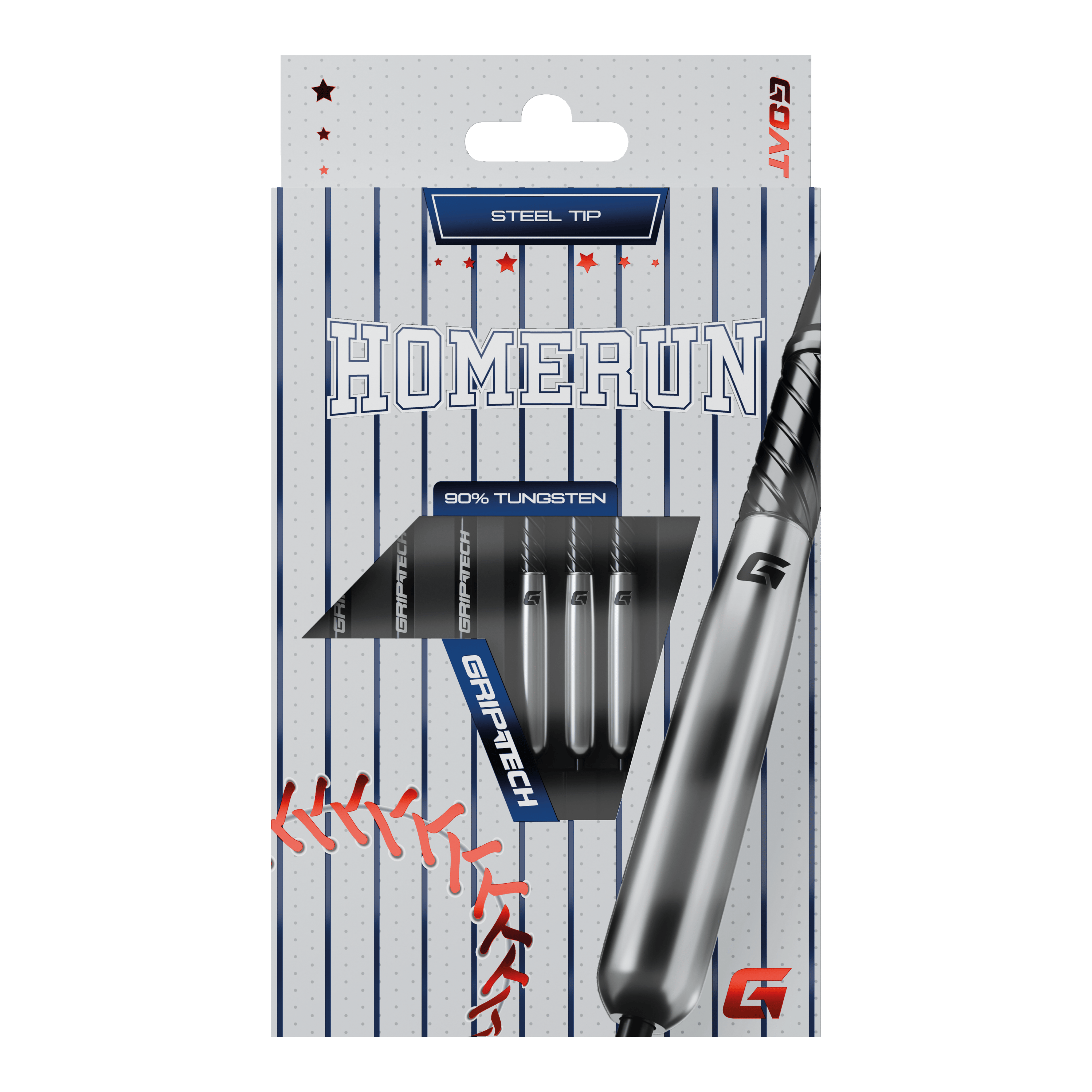 GOAT Homerun Baseball Tungsten Steel Darts Das Bild zeigt die Verpackung der "GOAT Homerun Baseball Tungsten Steeldarts" mit Stahlspitze. Auf der Vorderseite sind drei Darts sowie baseballtypische Designelemente abgebildet.