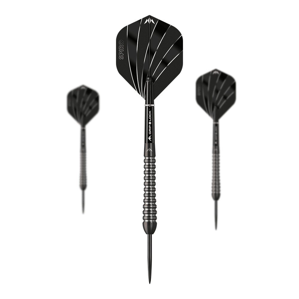 Mission Spiro Model 2 steel darts - 22g Das Bild zeigt drei Steeldarts des Modells "Mission Spiro Model 2" mit einem Gewicht von 22g. Die Darts sind schwarz mit silbernen Akzenten und haben auffällige Flights mit weißen Linien.