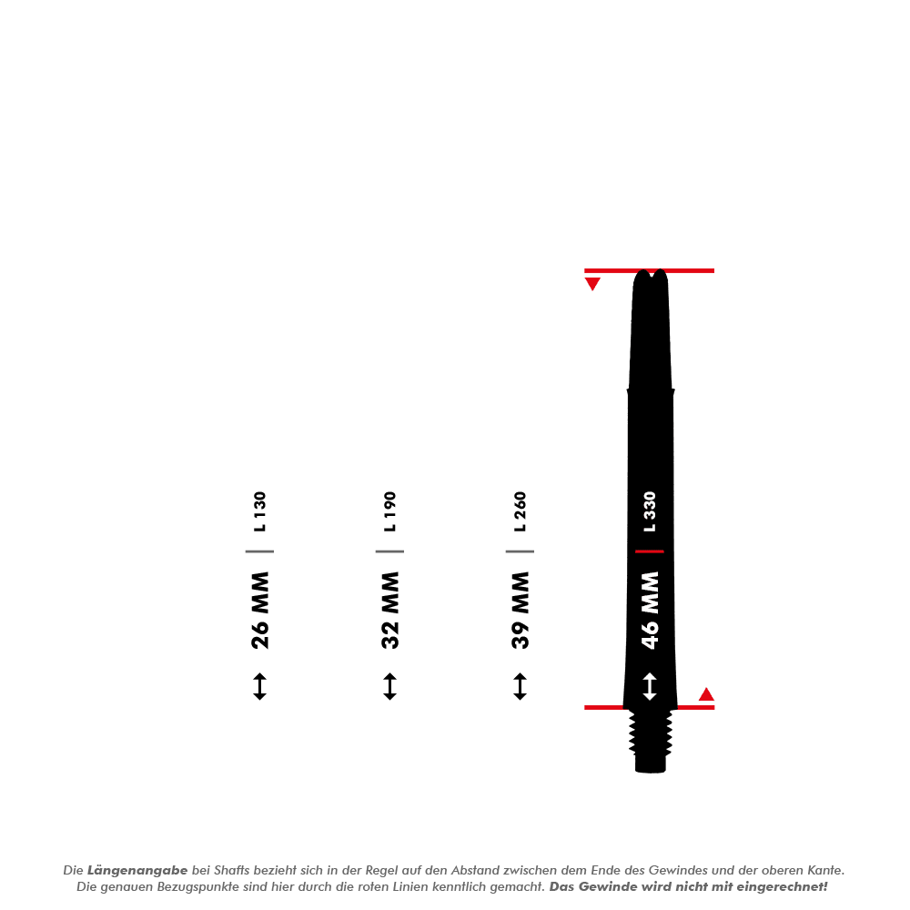 L-L-Style-Shafts Locked Straight - White Das Bild zeigt verschiedene Längen von Dartshafts, die in Millimetern angegeben sind. Die größte dargestellte Länge ist 46 mm, gemessen ohne das Gewinde.
