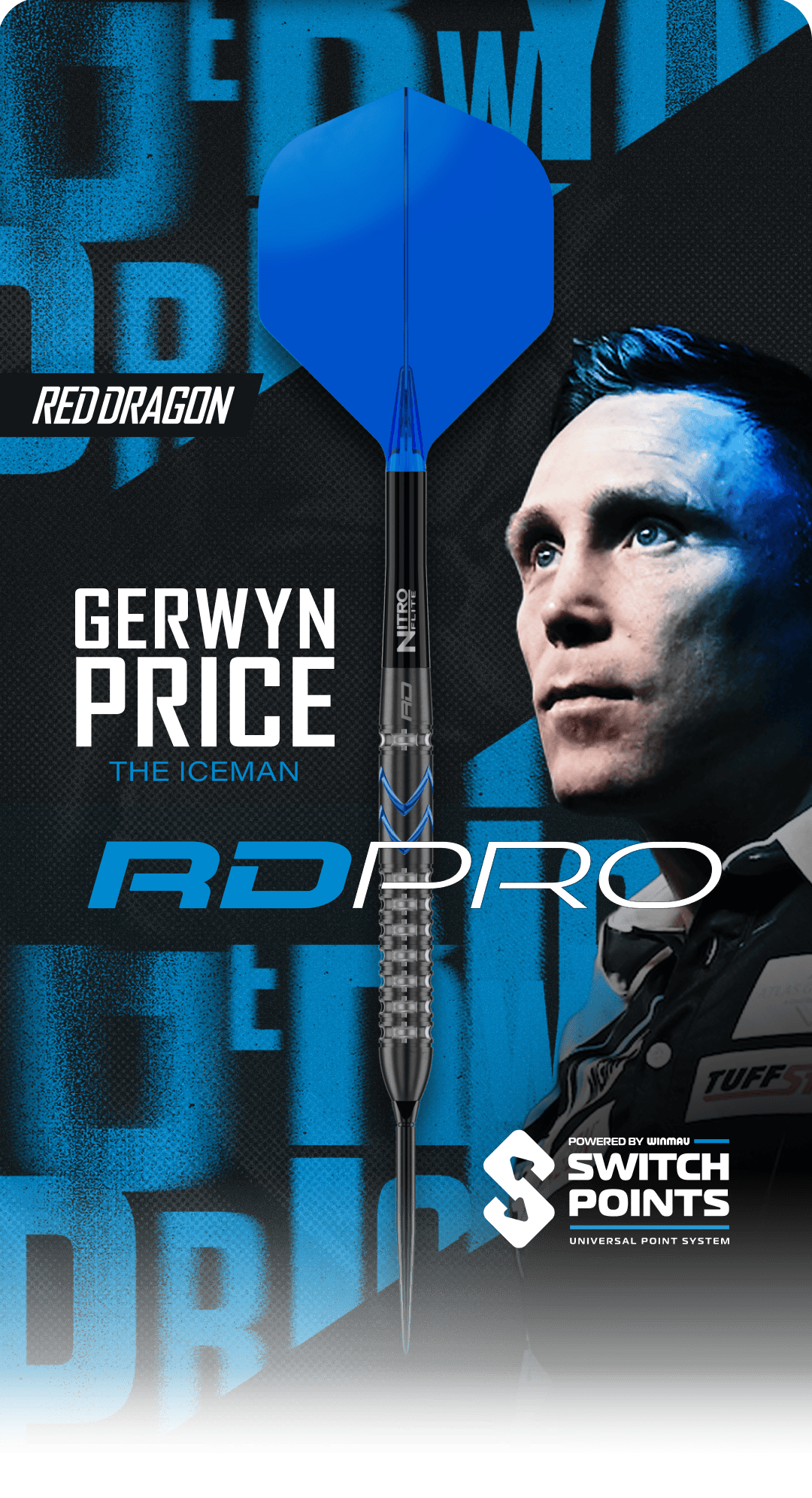 Werbebanner mit dem Text 'Red Dragon Price RD Pro'. Das Bild zeigt ein beworbenes Dartprodukt.