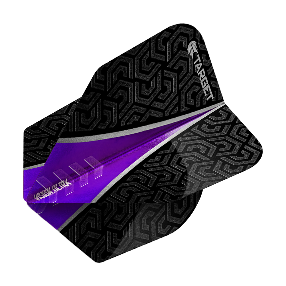 TG56_331000_Target_Vision_Ultra_Purple_No6_Flights_2 Das Bild zeigt ein Dartflügel-Set namens "Target Vision Ultra Purple No6 Flights". Die Flügel sind überwiegend schwarz mit einem geometrischen Muster und besitzen einen auffälligen lila Streifen.