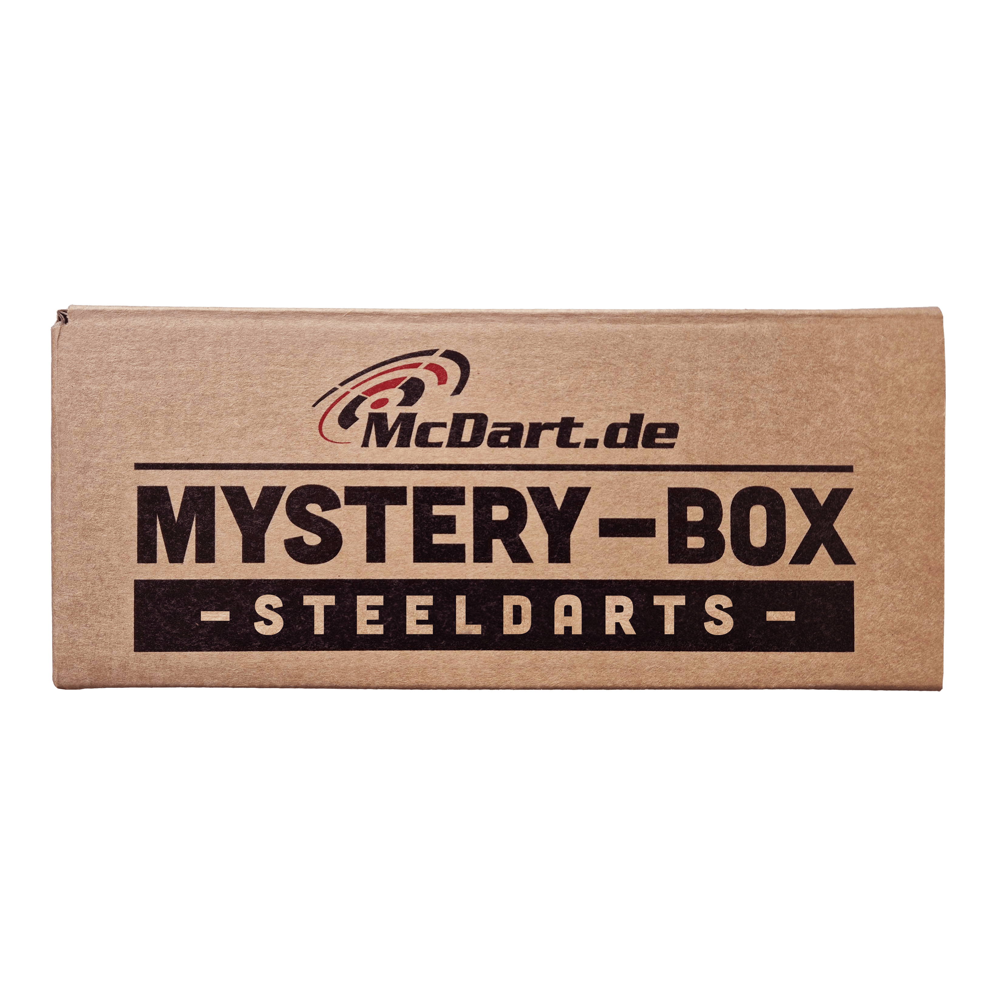 Die Abbildung zeigt eine braune Box mit der Aufschrift „McDart Mystery-Box - Steeldarts“. Die Verpackung sieht einfach aus und ist speziell für Steeldarts-Fans gestaltet.