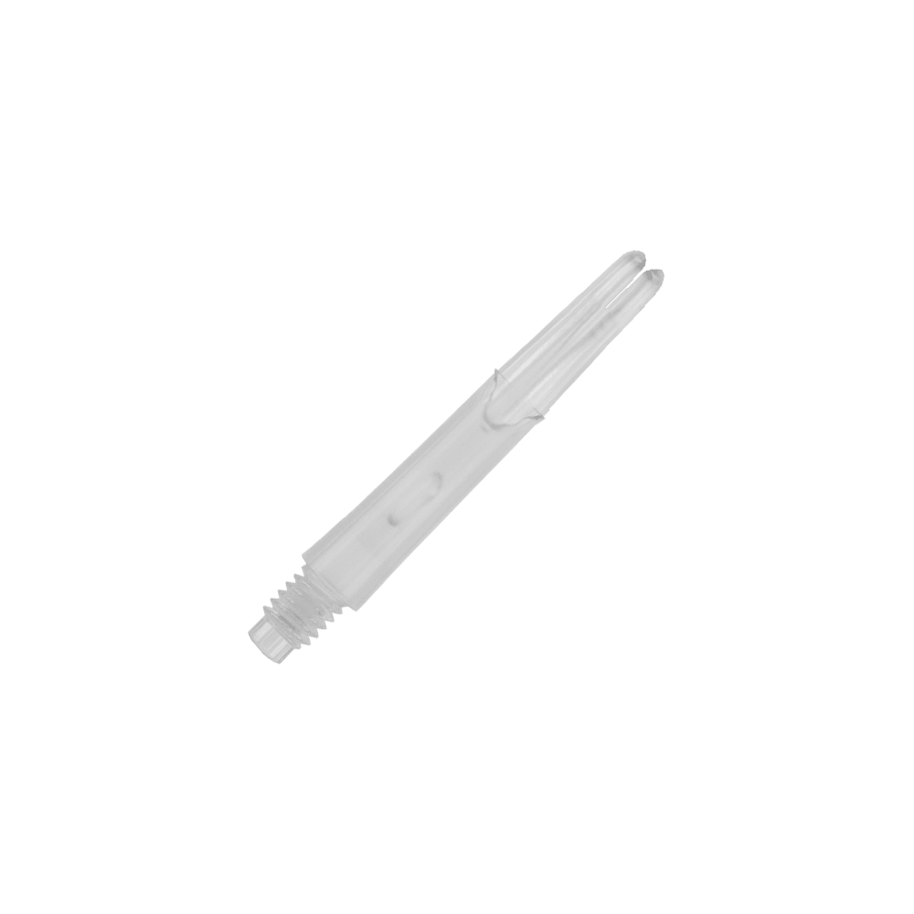 Auf dem Bild ist ein transparenter, gerader Dart-Schaft zu sehen. Er hat ein Schraubgewinde an einem Ende und ist 32 mm lang.