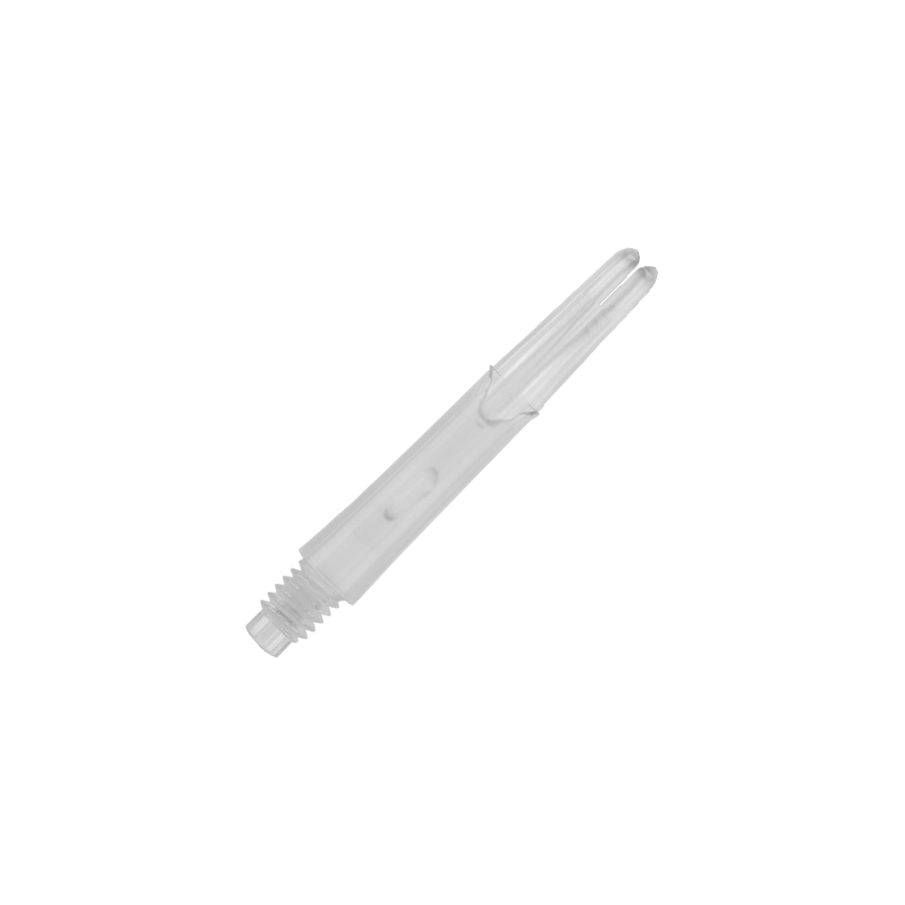 L-L-Style-Shafts Locked Straight - Clear Auf dem Bild ist ein transparenter, gerader Dart-Schaft zu sehen. Er hat ein Schraubgewinde an einem Ende und ist 32 mm lang.