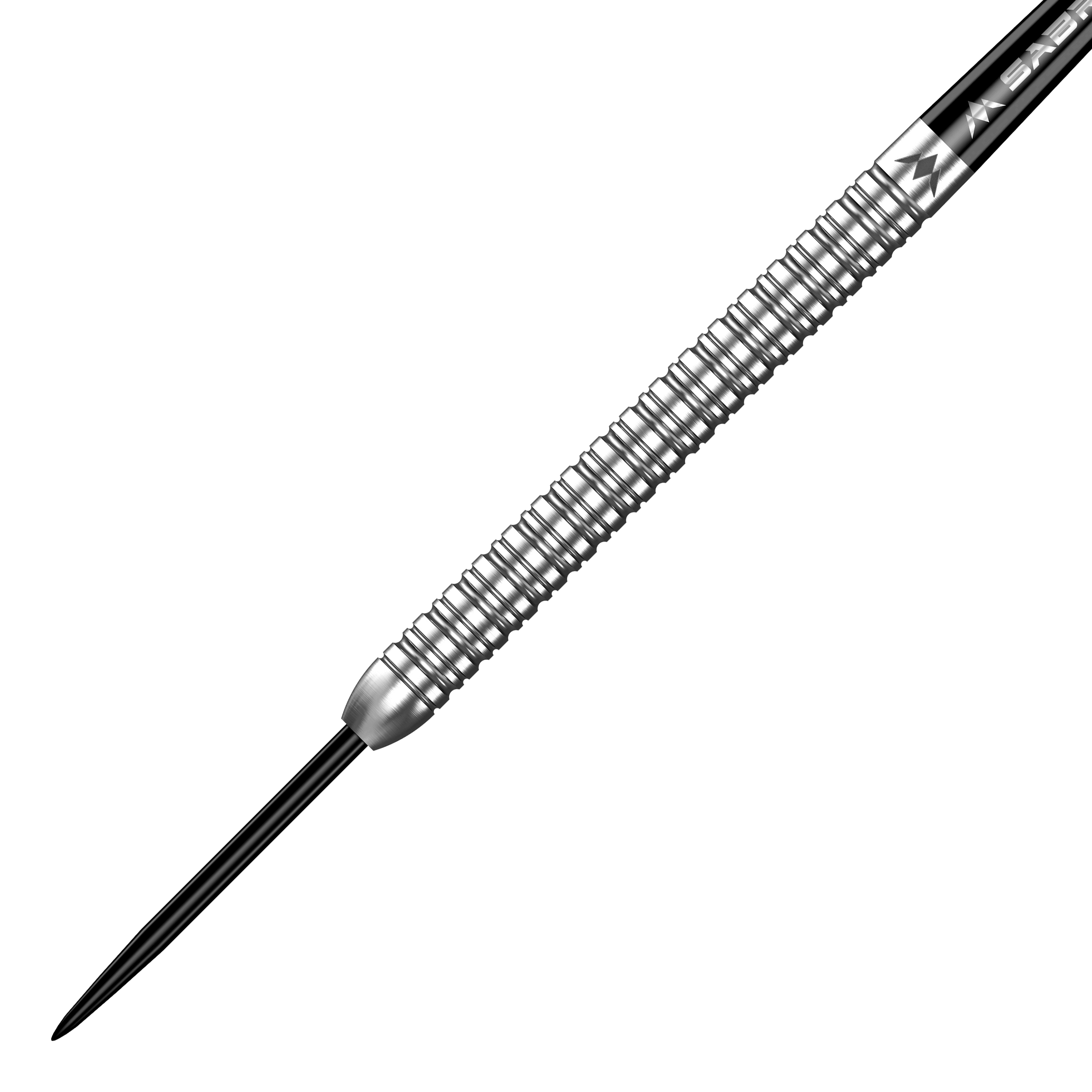 Mission Mike De Decker MDD Silver Steel Darts Das Bild zeigt einen silbernen Steeldart mit gerilltem Griff. Es handelt sich um das Produkt "Mission Mike De Decker MDD Silver Steeldarts".