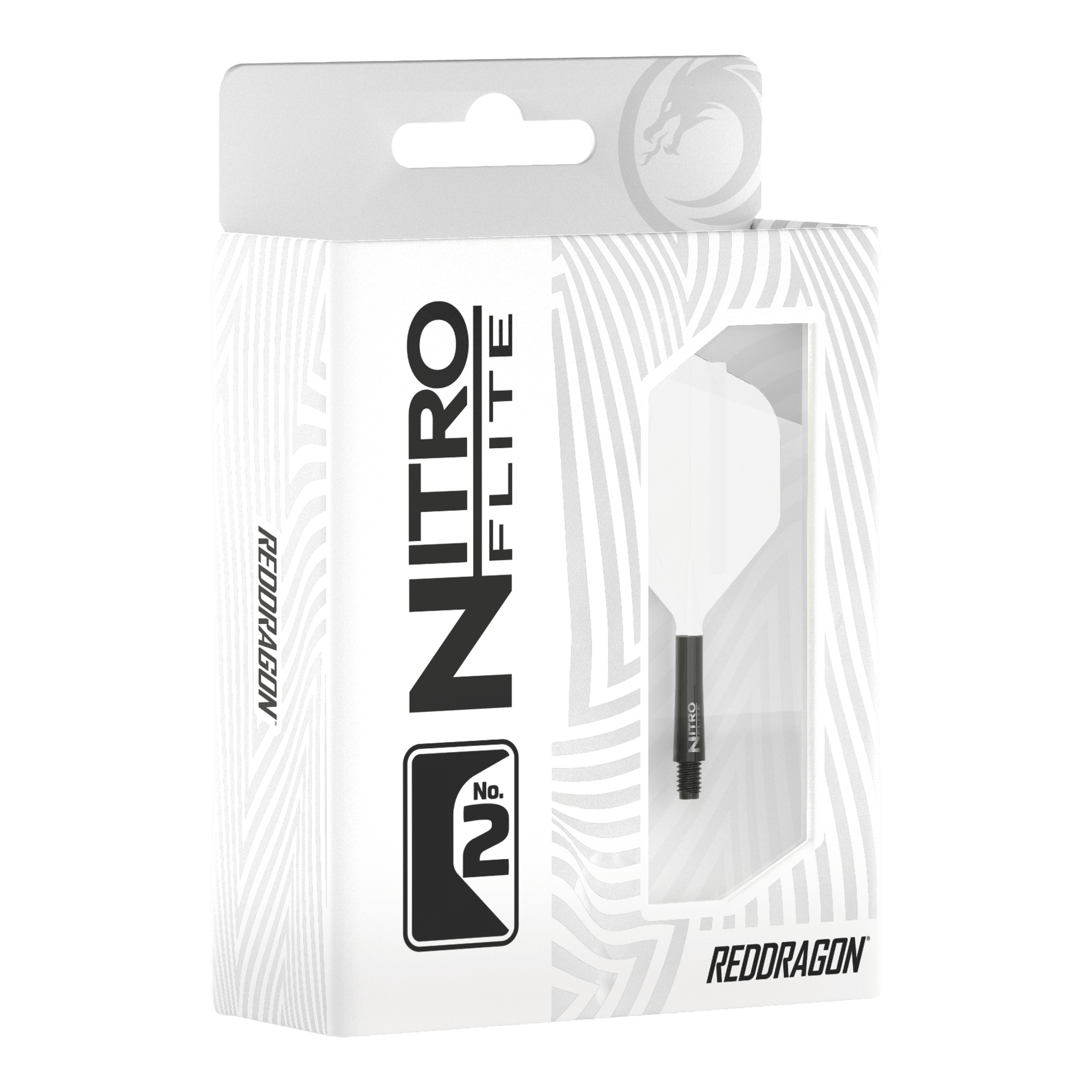 Red Dragon Nitroflite Black Shaft White Flights No2 Abgebildet ist Red Dragon Nitroflite Black Shaft White Flights No2. Zu sehen sind schwarze Dart-Schäfte mit weißen Flights.