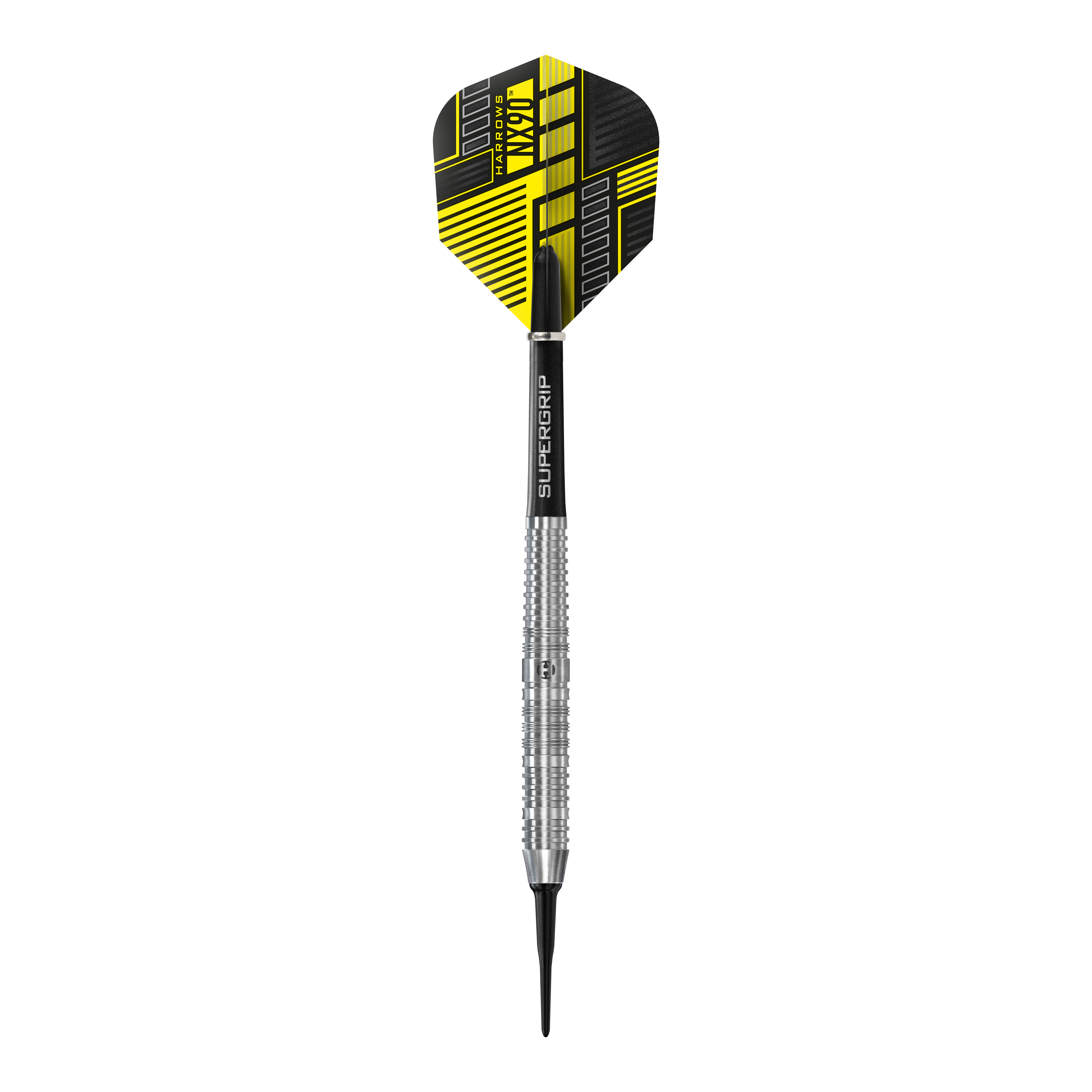 Harrows NX90 Parallel Softdarts Das Bild zeigt einen Harrows NX90 Parallel Softdart mit silbernem Schaft und schwarzem Flight. Der Flight hat ein modernes gelb-schwarzes Design.