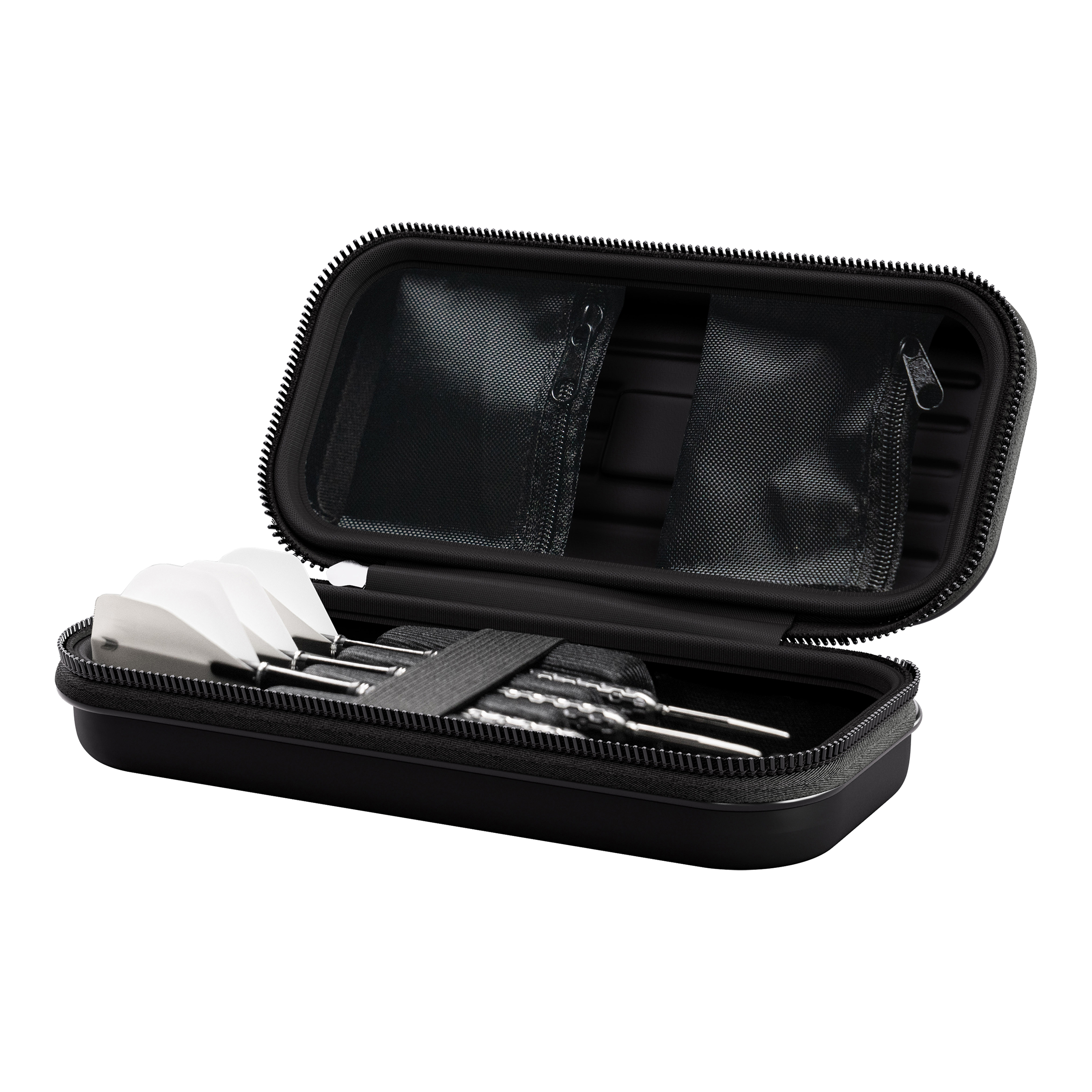 Target Takoma Stephen Bunting dart case Das Bild zeigt das Produkt "Target Takoma Stephen Bunting Dartcase". In dem geöffneten Etui befinden sich drei zusammengebaute Darts und kleine Netztaschen im Deckel.