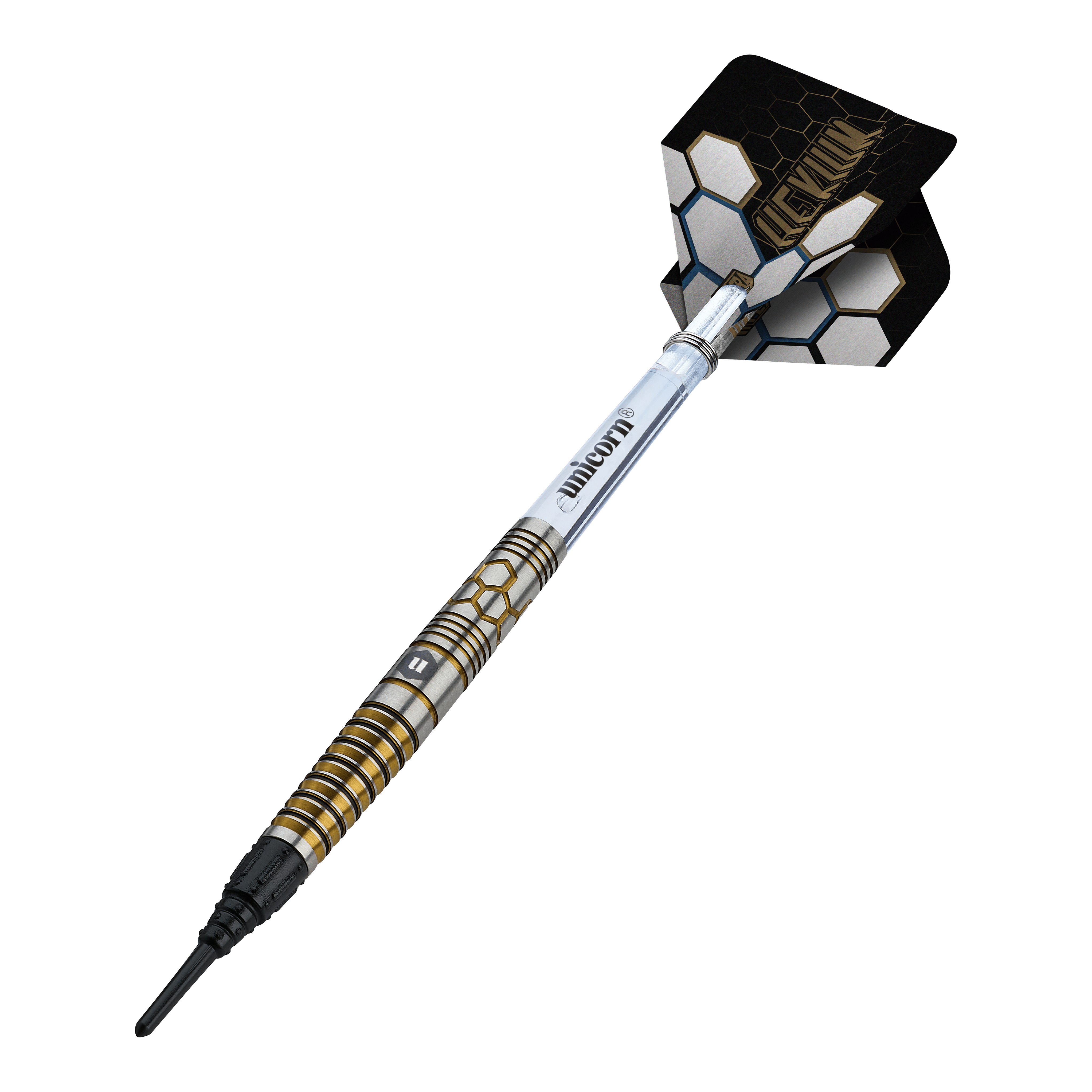 Unicorn Hexium Style 02 Blue & Gold Soft Darts - 21g Abgebildet ist das Produkt Unicorn Hexium Style 02 Blue & Gold Softdarts - 21g. Die Farben Blau und Gold dominieren das Design der Softdarts.