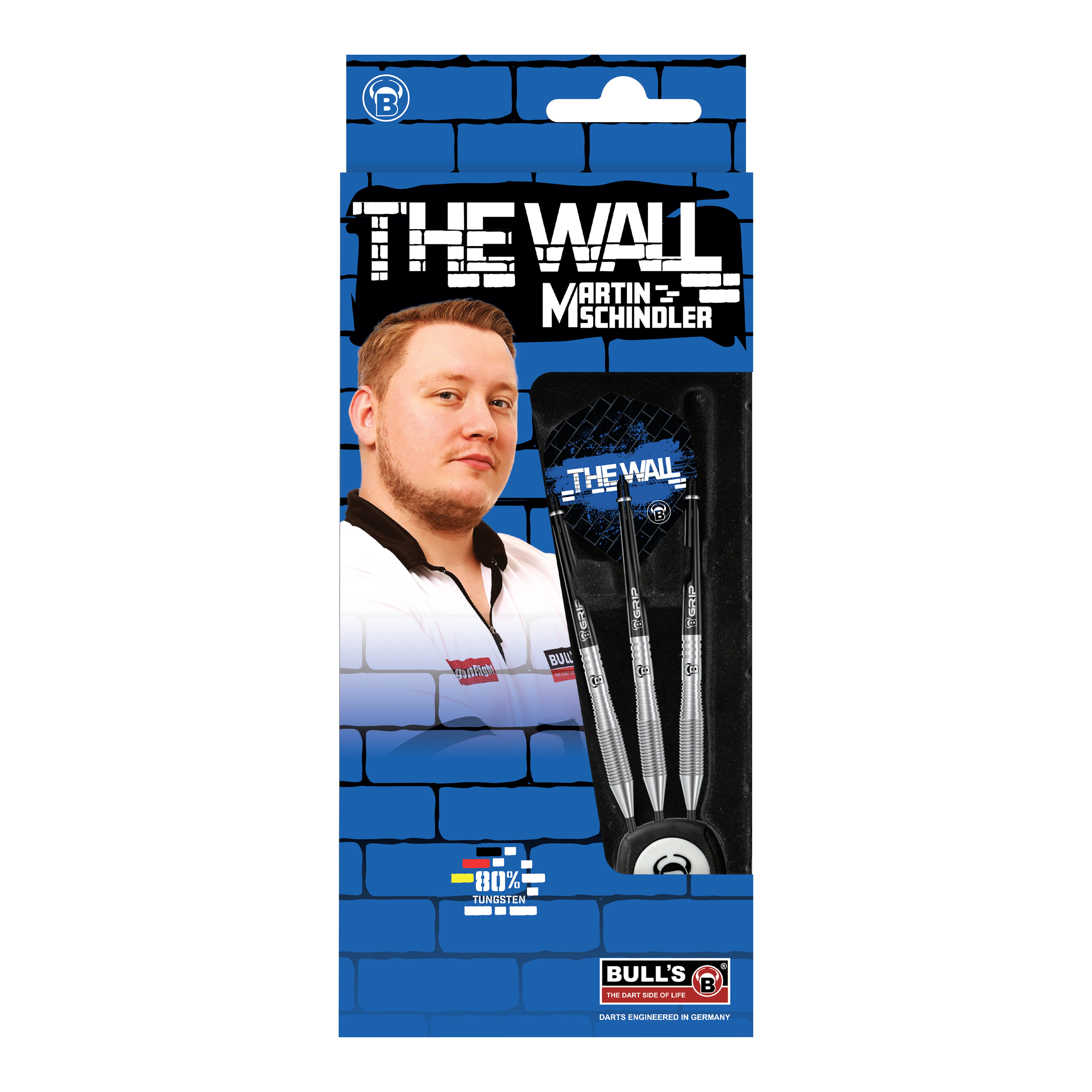 Bulls Martin Schindler TW80 steel darts Die Verpackung zeigt die "Bulls Martin Schindler TW80 Steeldarts" mit einem Bild von Martin Schindler. Im Inneren sind drei silberne Steeldarts zu sehen.