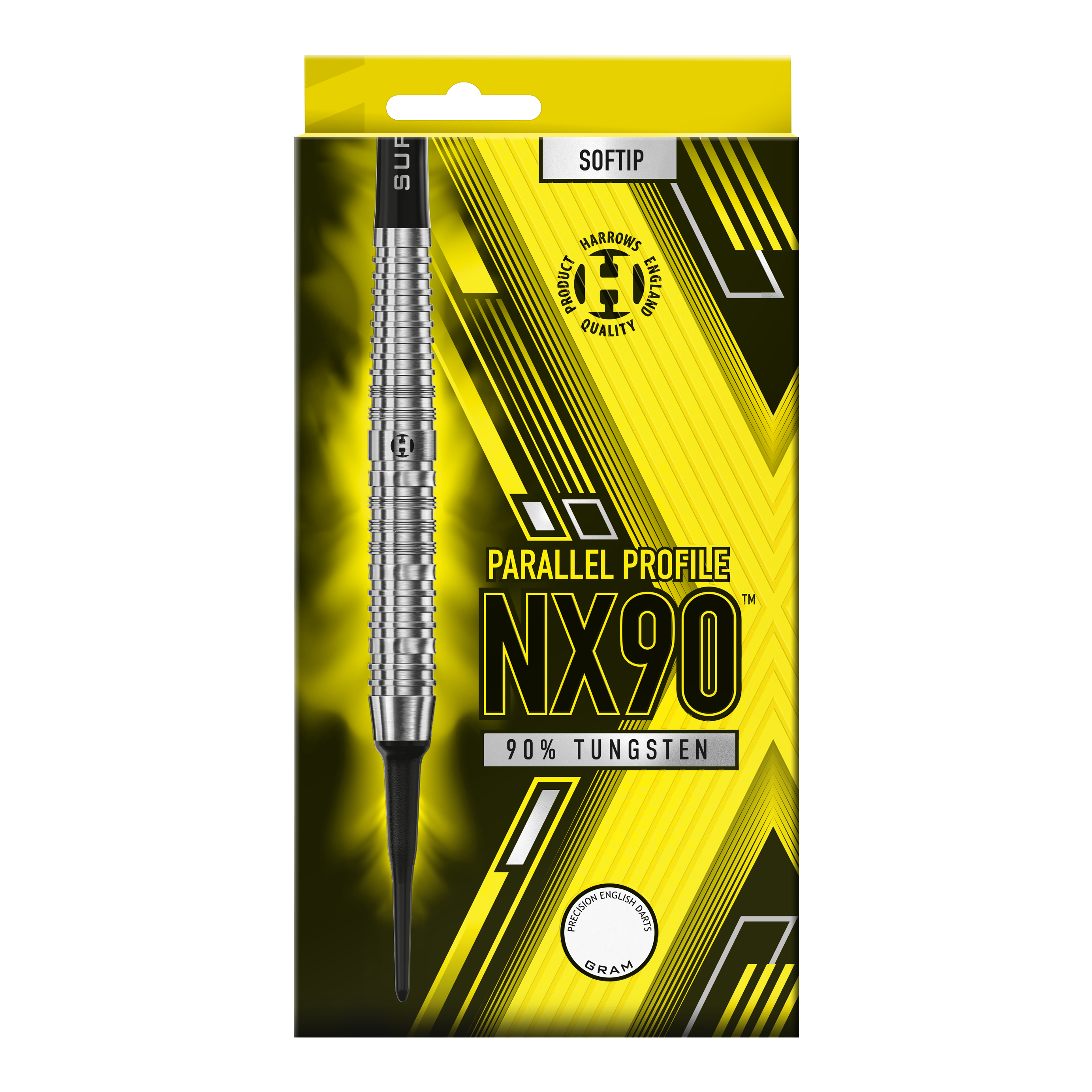 Harrows NX90 Parallel Softdarts Die Abbildung zeigt die Verpackung der Harrows NX90 Parallel Softdarts. Auf der gelb-schwarzen Packung steht, dass die Darts aus 90 % Tungsten bestehen.
