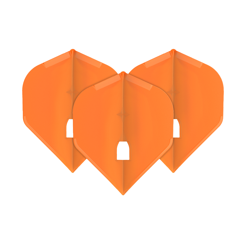 L-Style Flights Champagne - L1PRO Standard Das Bild zeigt drei orangefarbene Dart-Flights in Standardform. Sie sind ordentlich nebeneinander angeordnet und haben eine glänzende Oberfläche.