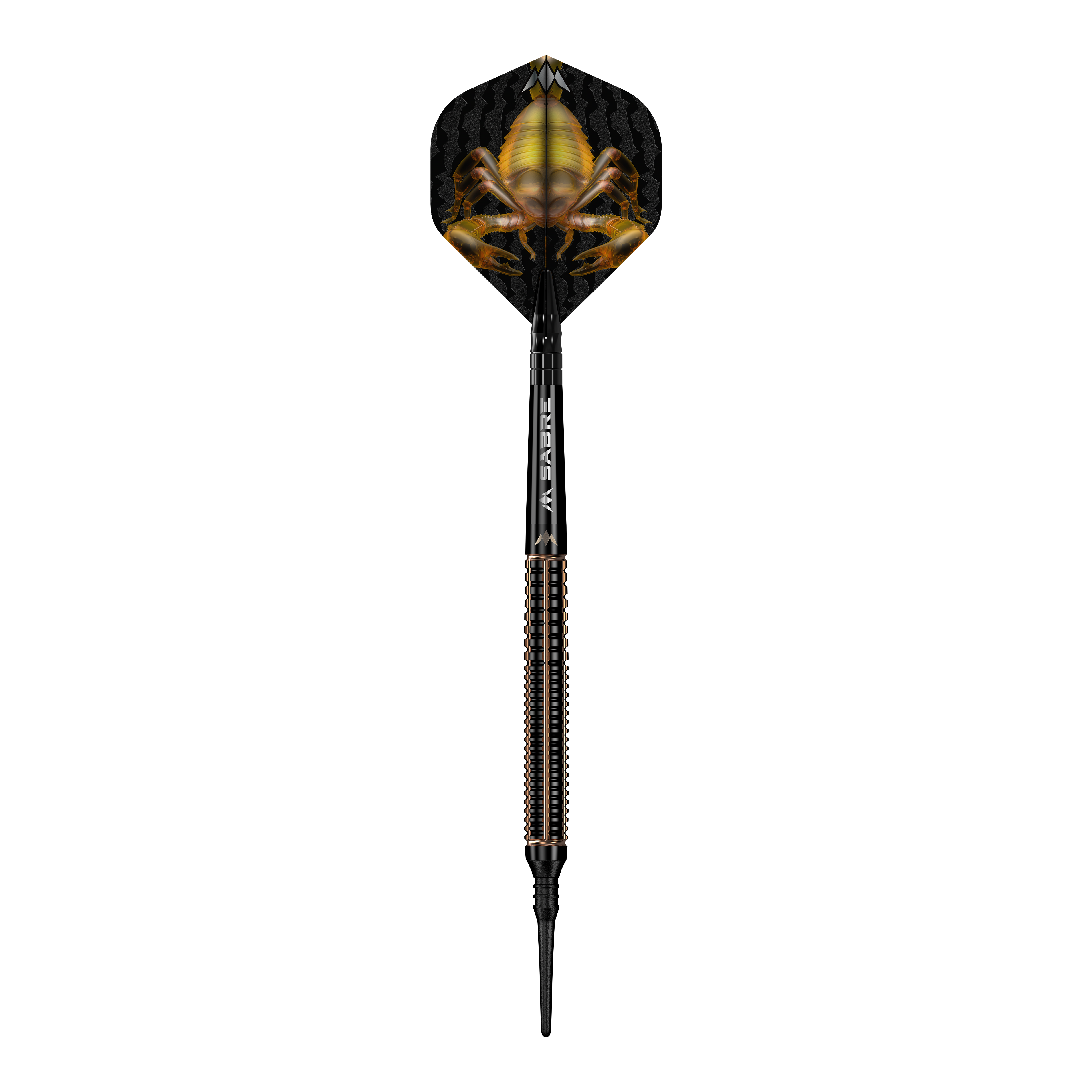 Mission Scorpion soft darts - 19g Das Bild zeigt einen Softdart namens "Mission Scorpion Softdarts - 19g". Auf dem Flight ist ein auffälliges Skorpion-Design in Gelb und Schwarz zu sehen.
