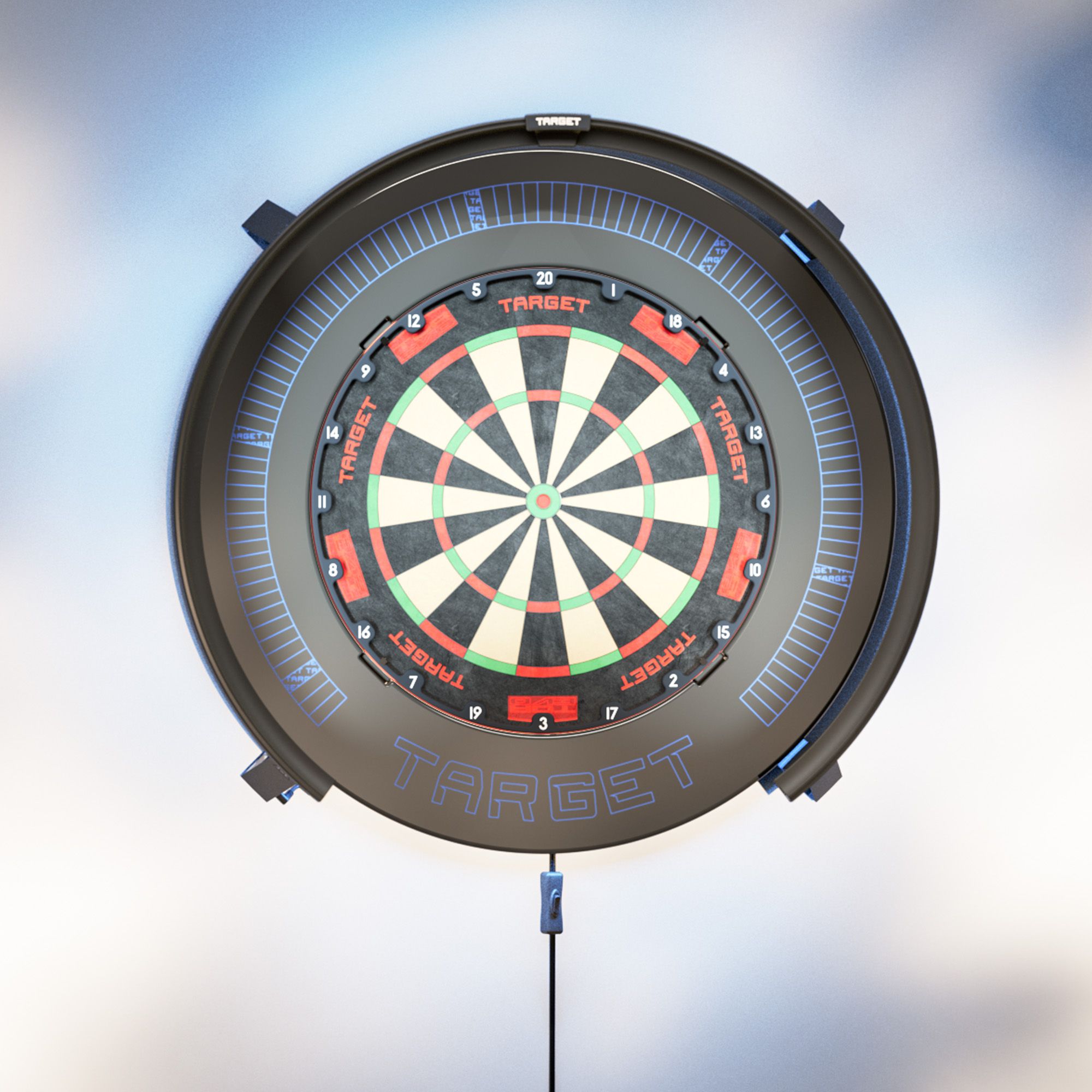 Target Corona Vision 2 lighting system Das Bild zeigt das Target Corona Vision 2 Beleuchtungssystem. Die Lichtleiste ist über dem Dartboard angebracht.