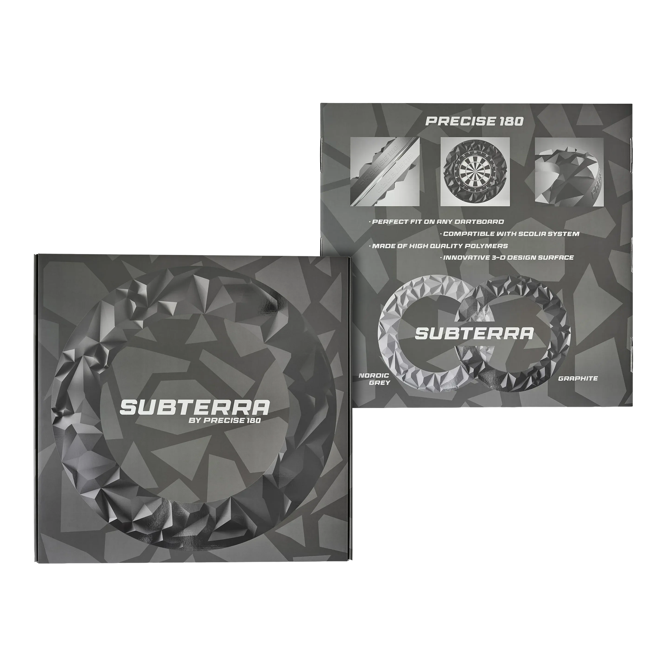 Hier ist das Precise 180 3D Dartboard Surround Subterra in Nordic Grey abgebildet. Es schützt die Umgebung der Dartscheibe vor Treffern.