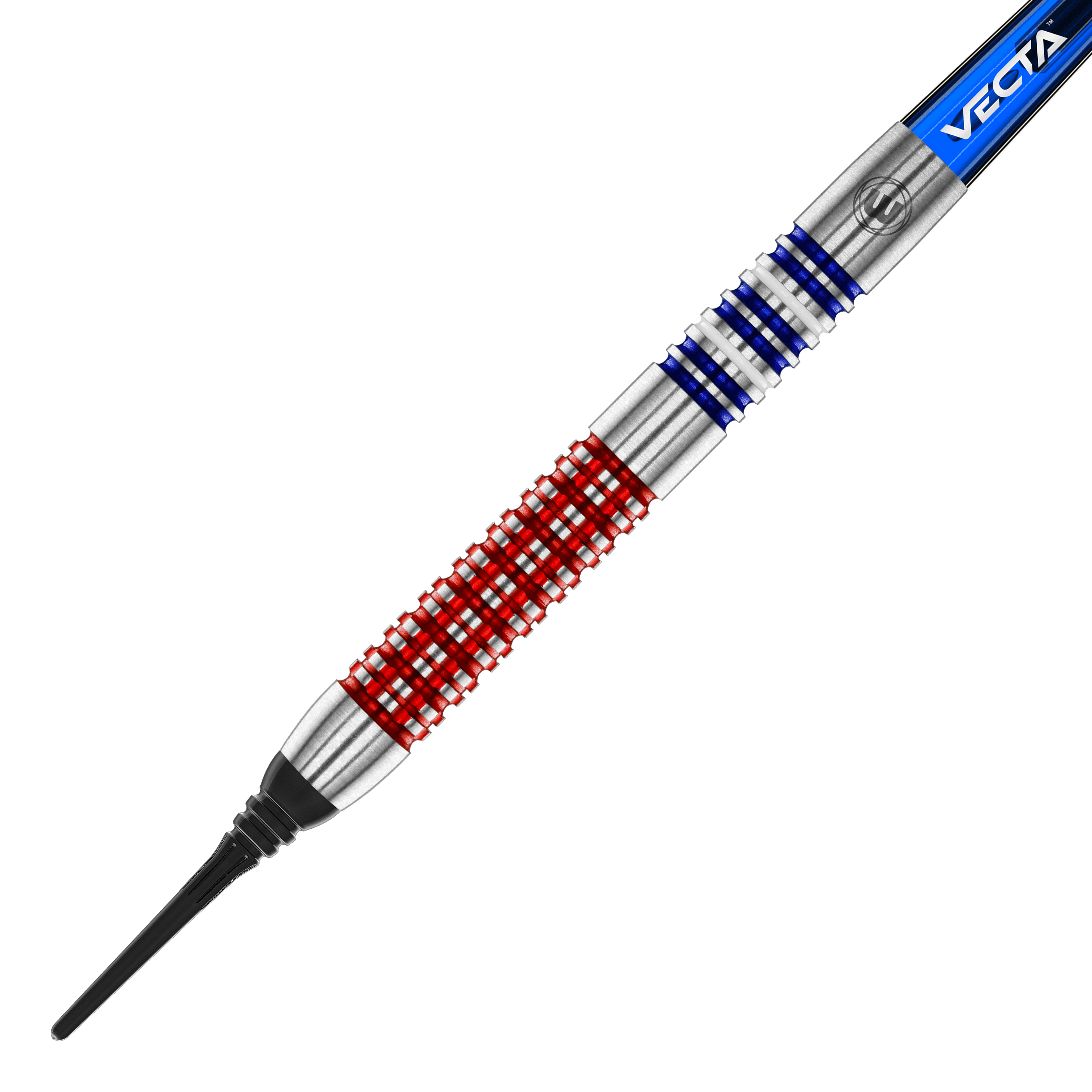 Winmau Garrett Rakowski soft darts - 20g Auf dem Bild ist ein Softdart des Modells "Winmau Garrett Rakowski Softdarts - 20g" zu sehen. Der Dart hat ein auffälliges Design mit roten und blauen Ringen auf dem silbernen Barrel.