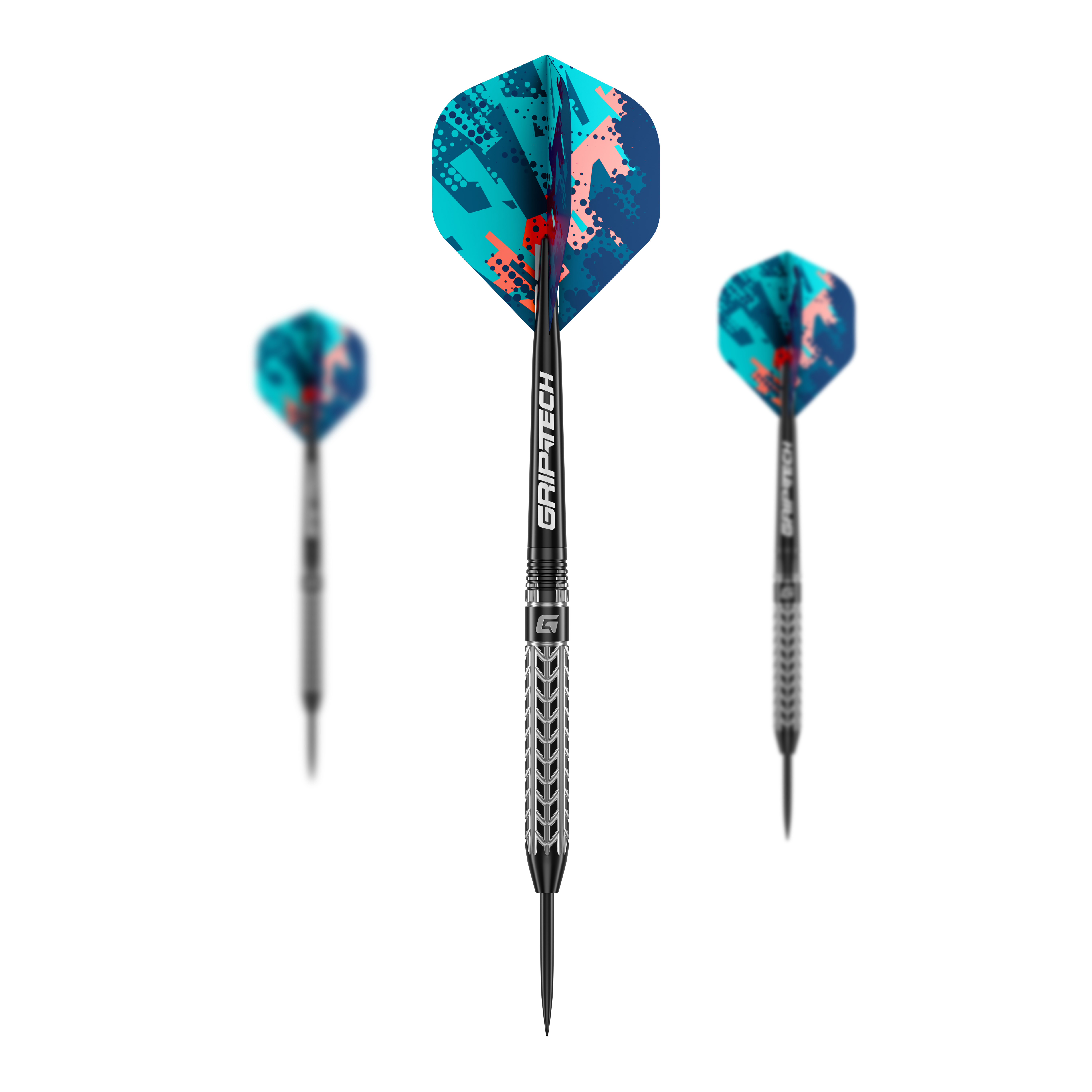 GOAT Traction Tungsten Steel Darts Das Bild zeigt drei GOAT Traction Tungsten Steeldarts mit bunten Flights in Blau- und Rottönen. Auf dem Mittelteil der Darts steht "GRIPTECH" geschrieben.