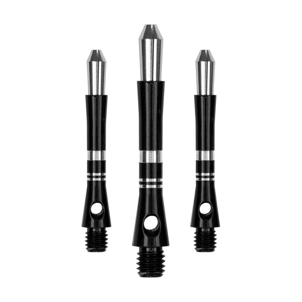 560_Target_Colette_Shafts_Schwarz_35mm_1 Das Bild zeigt drei schwarze Harrows Colette Shafts für Darts. Die Shafts sind aus Metall und haben silberne Akzente.