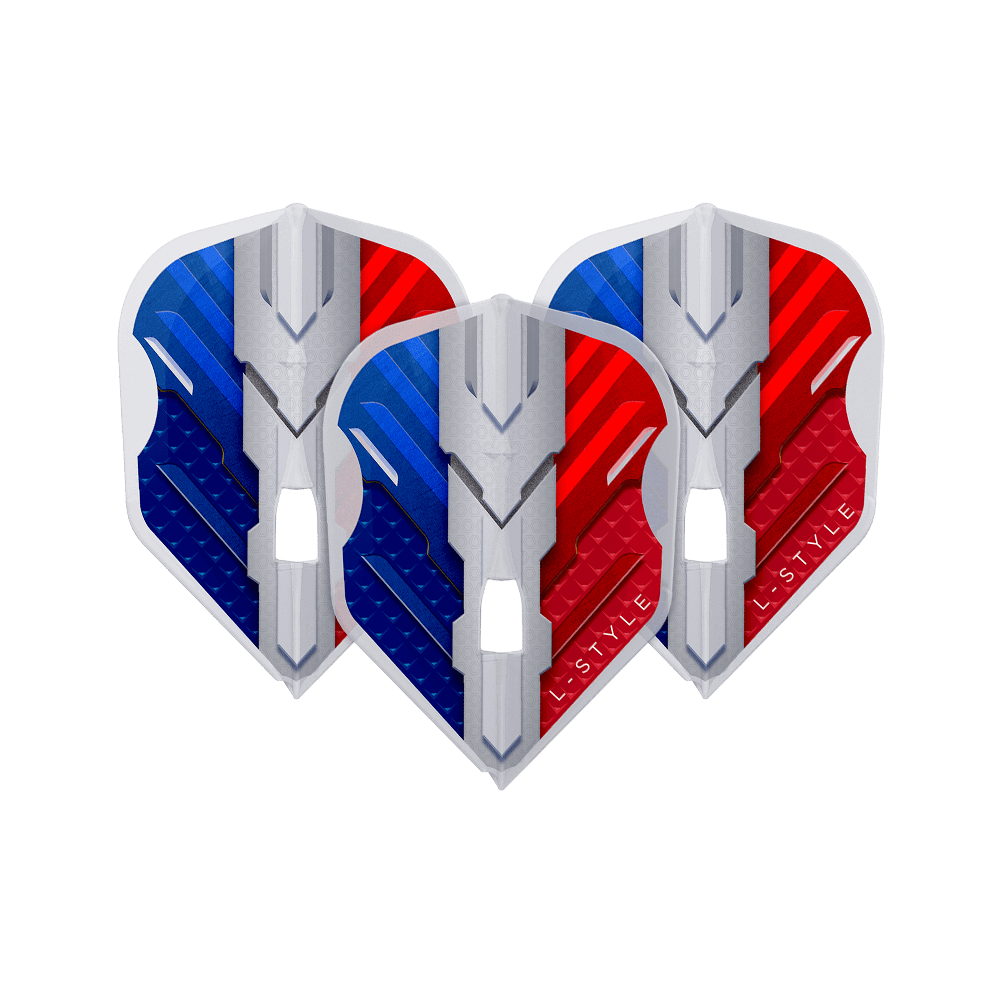Das Bild zeigt drei Dart-Flights mit einem modernen Design in den Farben Blau, Weiß und Rot. Auf den Flights steht der Schriftzug "L-Style".