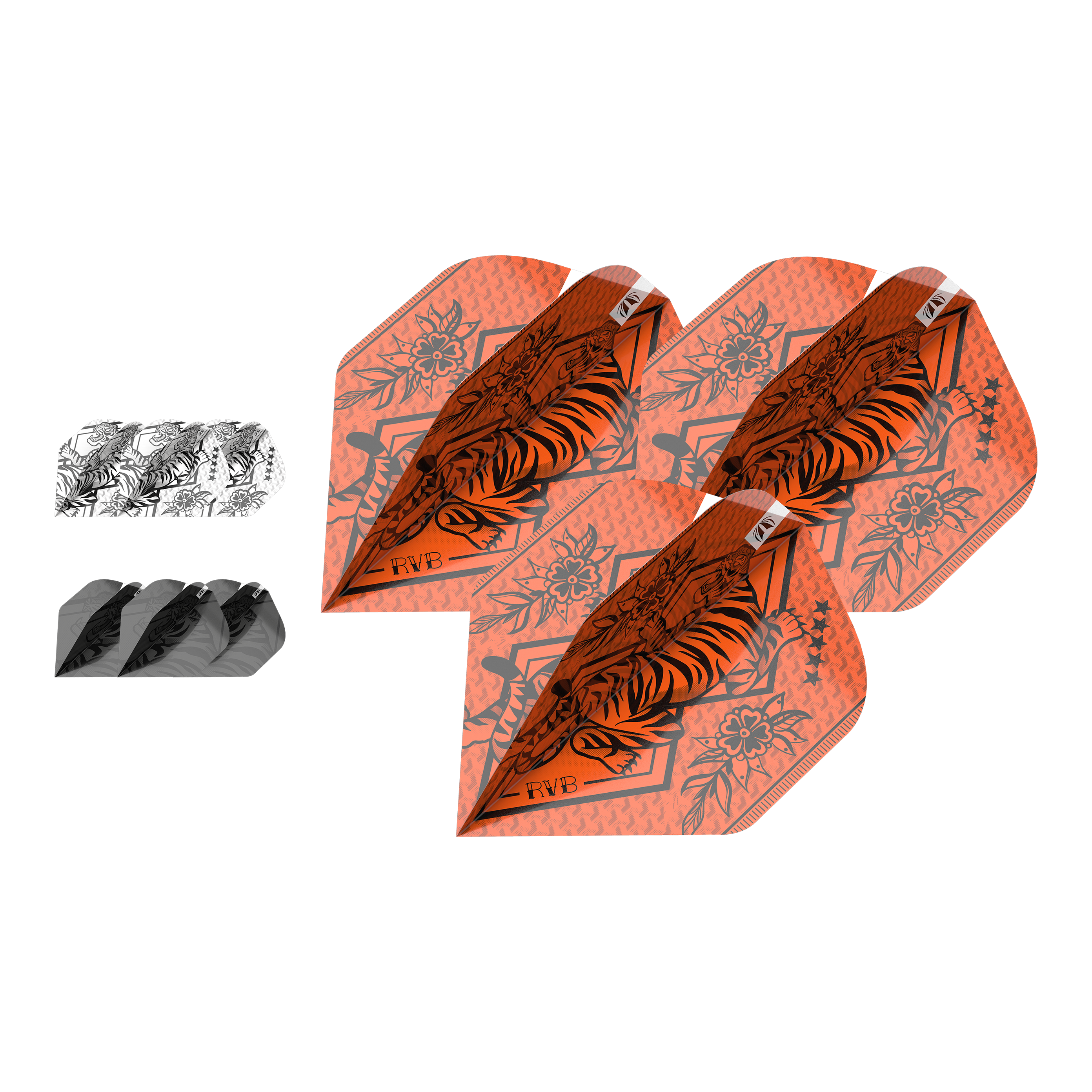 Target Ink Bundle 3 Sets Raymond Van Barneveld No2 Standard Flights Das Bild zeigt drei Sätze Dartflights in verschiedenen Farben und Designs, darunter auffällige orangefarbene Flights mit Tiger-Motiv. Es handelt sich um das Produkt "Target Ink Bundle 3 Sets Raymond Van Barneveld No2 Standard Flights."