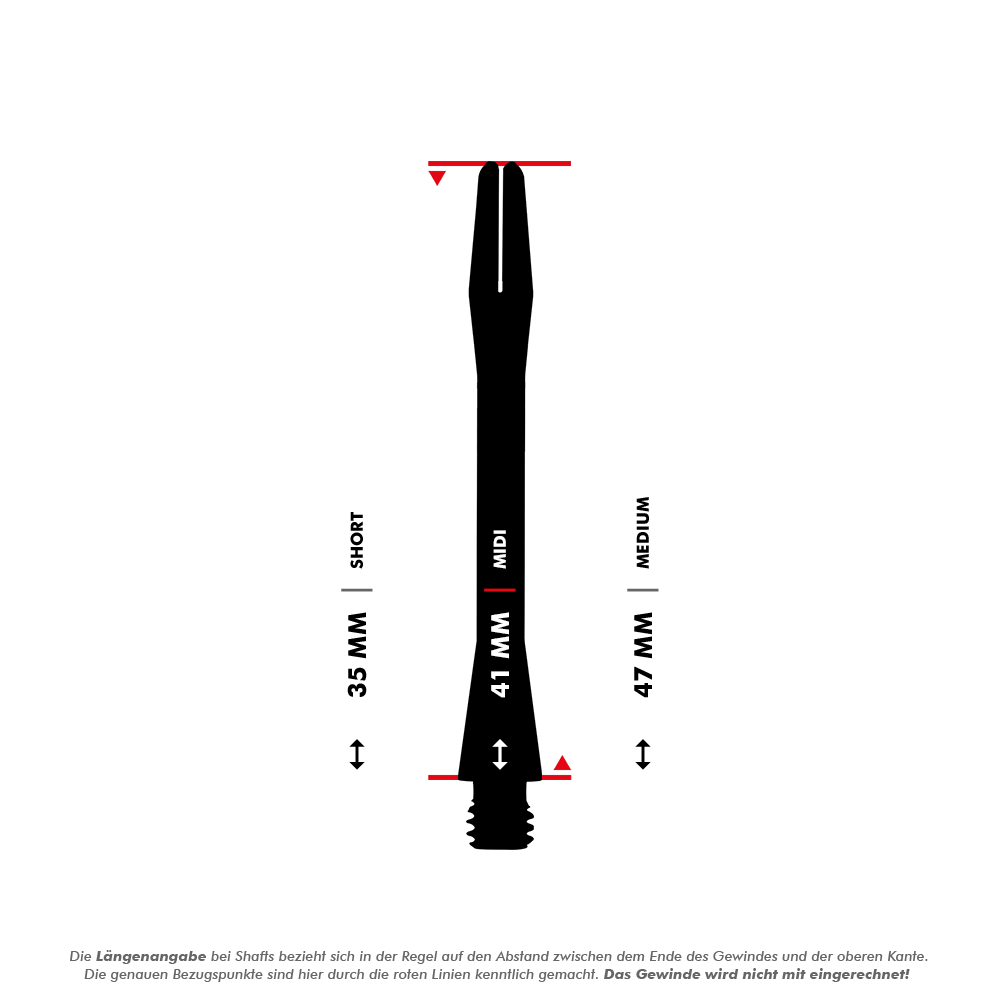 HR366_Harrows_Keramic_Shafts_5_41mm Das Bild zeigt die unterschiedlichen Längen der Harrows Keramic Shafts - Gun Metal, nämlich Short (35 mm), Midi (41 mm) und Medium (47 mm). Die Längen werden ohne das Gewinde gemessen, wie durch die roten Linien angezeigt.