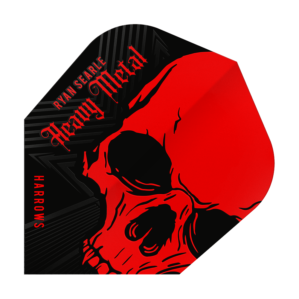 Harrow's Ryan Searle Heavy Metal No6 Flights Das Bild zeigt ein Dart-Flight mit einem auffälligen roten Totenkopf-Design. Oben steht der Name "Ryan Searle Heavy Metal" und an der Seite ist "Harrows" zu lesen.
