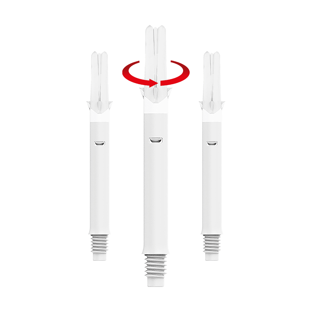 L-L-Style-Shafts Silent Straight - White Das Bild zeigt drei weiße Dartshafts mit einem geraden Design. Über dem mittleren Shaft ist ein roter Pfeil zu sehen, der eine Drehbewegung anzeigt.
