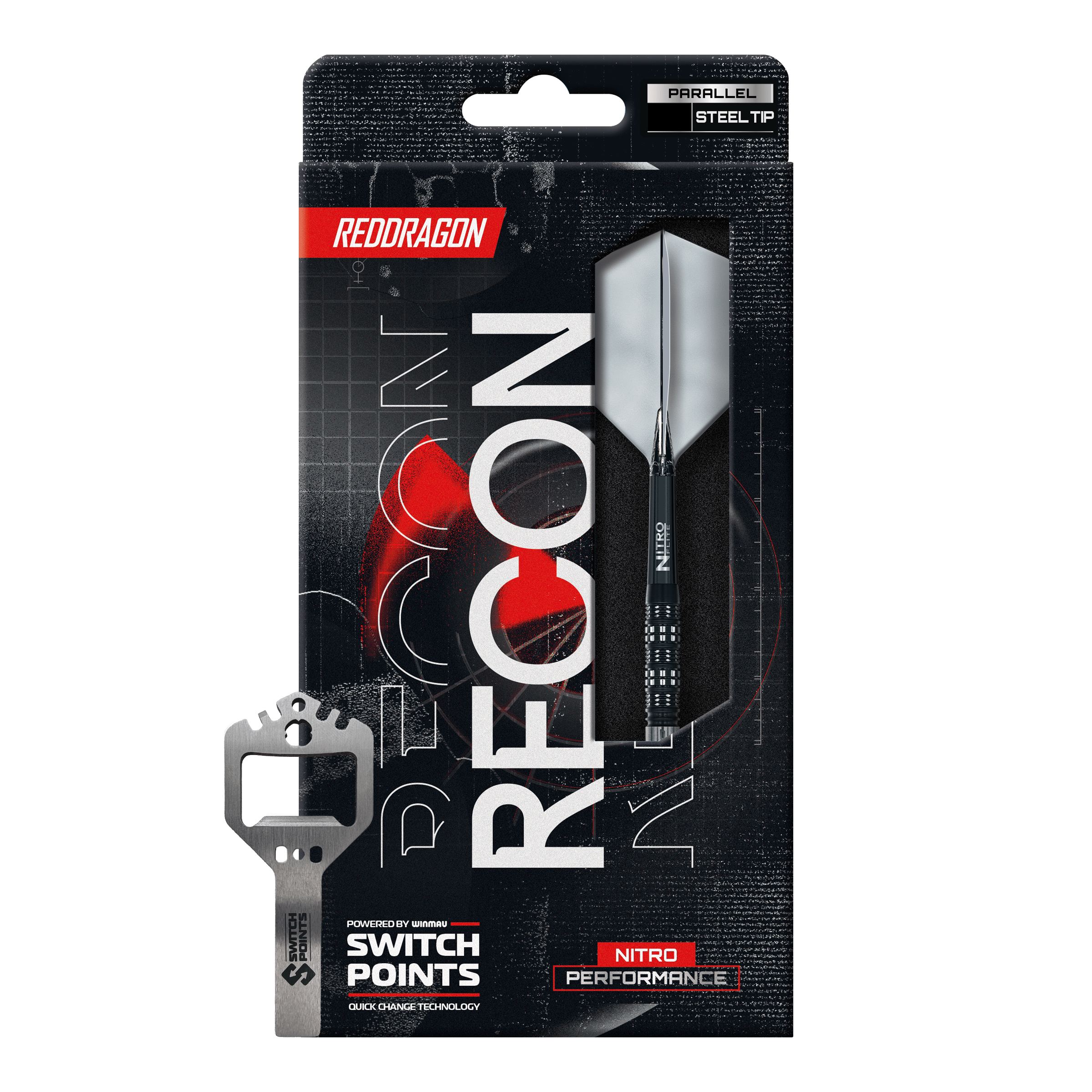 Red Dragon Recon Parallel Steeldarts Abgebildet sind die Red Dragon Recon Parallel Steeldarts. Das Bild zeigt das Design und die Form der Steeldarts.