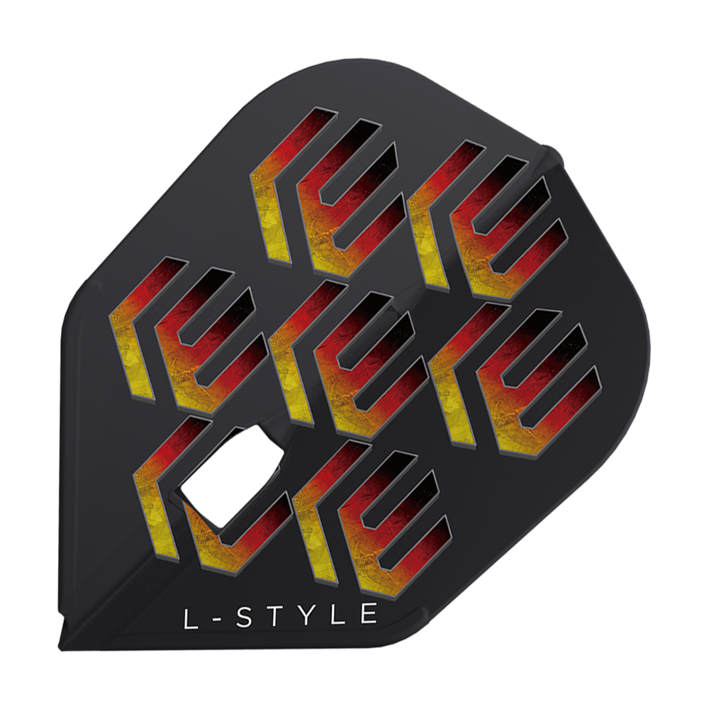L-L-Styleukas Wenig V1 Black L3PRO Flights Auf dem Bild ist ein schwarzes Dartflight mit modernen, gelb-rot gefärbten Mustern zu sehen. Unten steht der Schriftzug "L-Style" aufgedruckt.