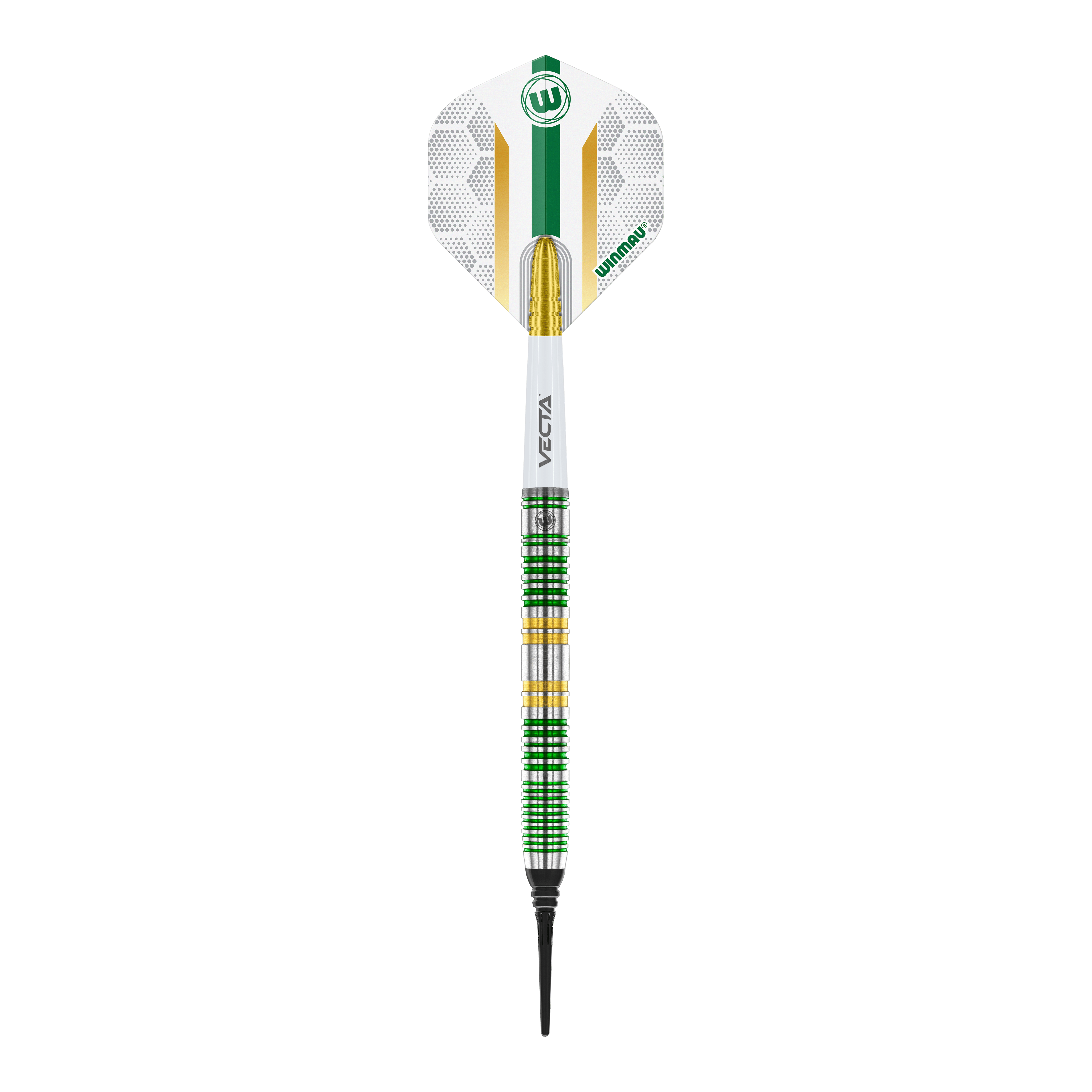 Winmau Xenon Softdarts - 20g Dies ist ein Winmau Xenon Softdart mit einem Gewicht von 20 Gramm. Der Dart hat ein modernes Design mit grünen, weißen und goldenen Akzenten.
