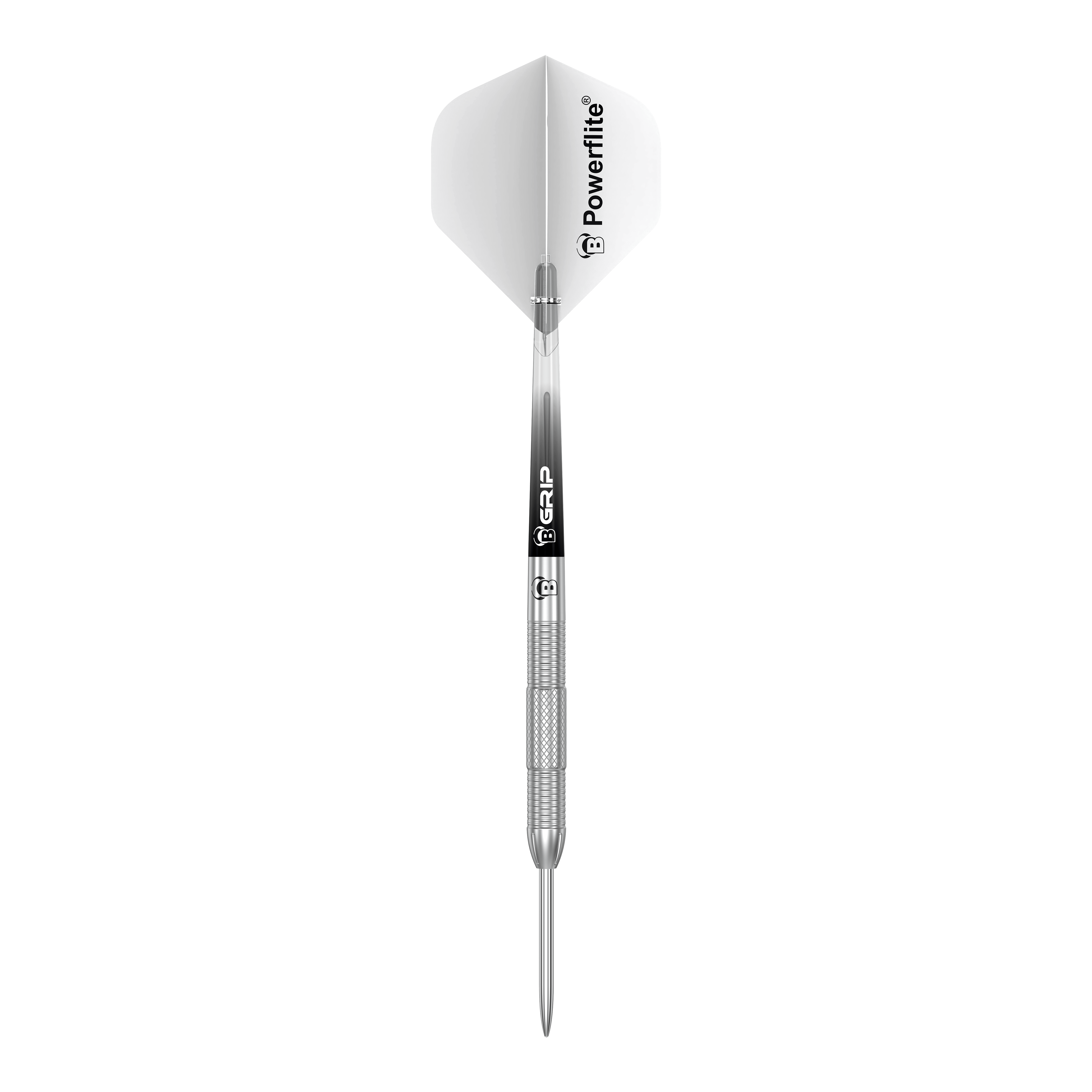 Auf dem Bild ist ein Bulls Challenger Sascha Stuhlemmer Steeldart mit 23g zu sehen. Der Dartpfeil ist silberfarben und hat weiße Flights mit der Aufschrift "Powerflite".