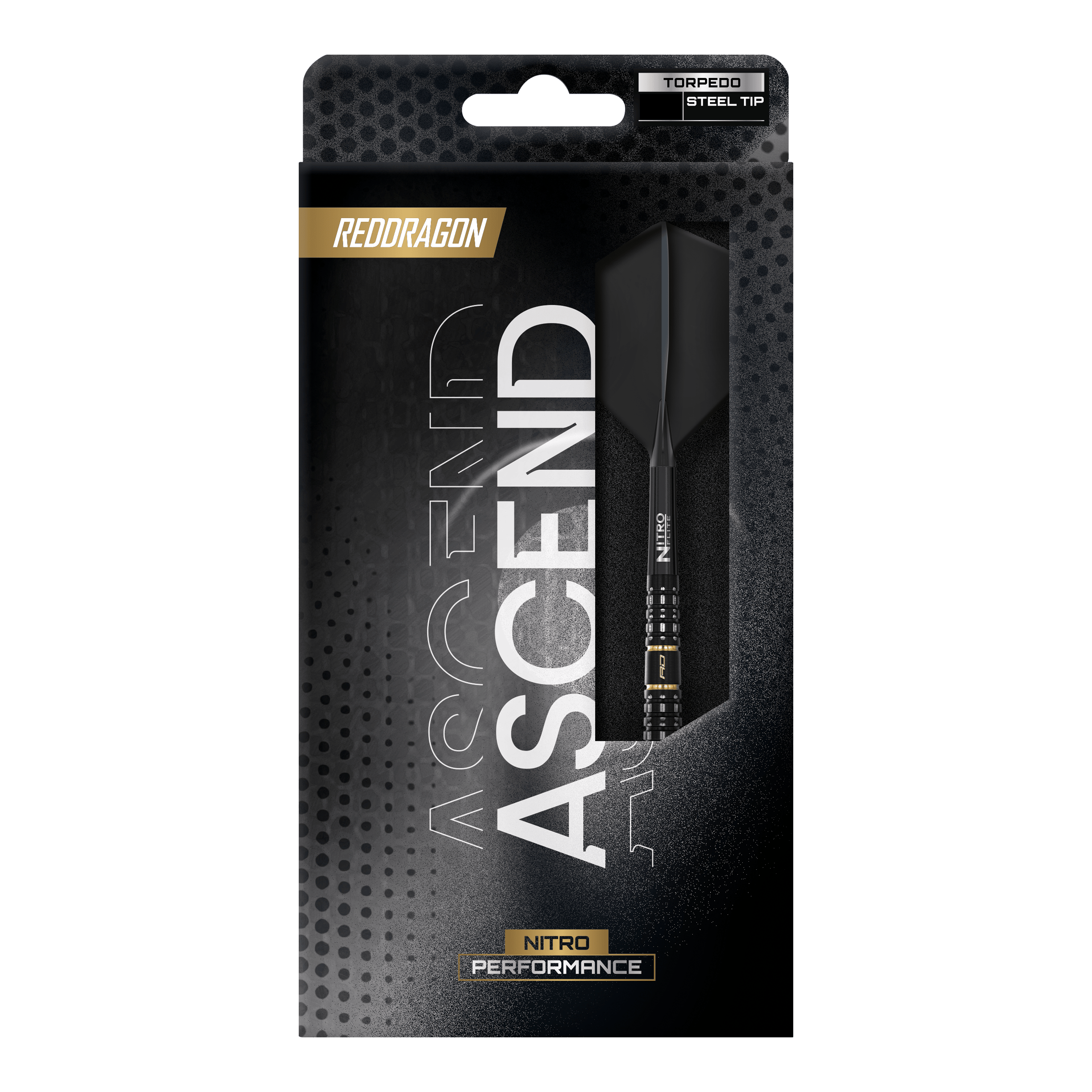 Red Dragon Ascend Torpedo Steel Darts Dargestellt sind die Red Dragon Ascend Torpedo Steeldarts. Das Bild fokussiert auf die Form und Struktur der Darts.