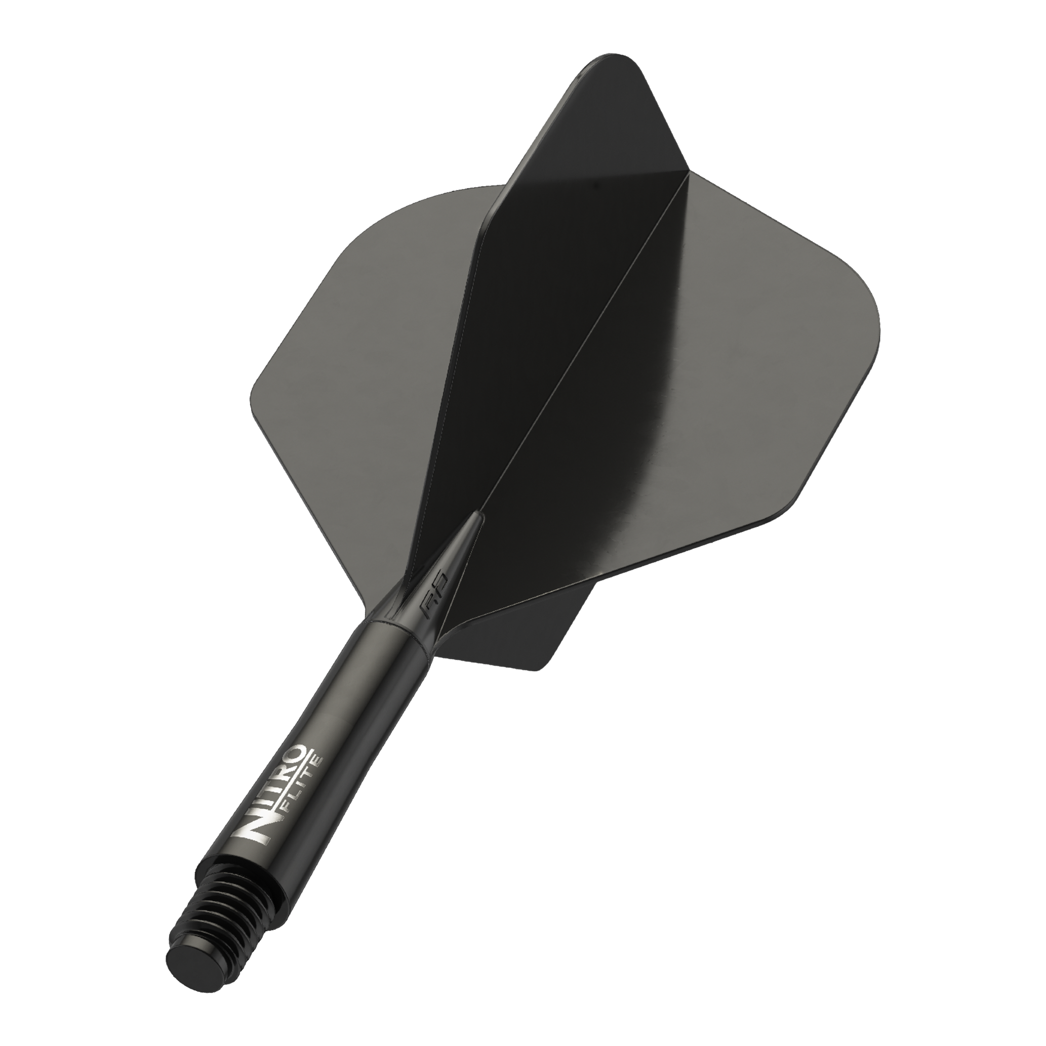 Auf dem Bild ist ein schwarzer Dart-Schaft mit schwarzen Flights zu sehen. Auf dem Schaft steht der Schriftzug "NITRO FLITE".