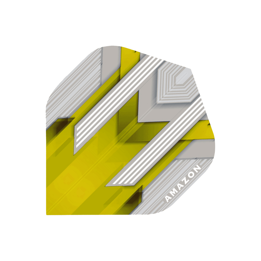 Das Bild zeigt einen Dart-Flügel mit gelbem und silbernem Muster. In einer Ecke steht das Wort "AMAZON" geschrieben.