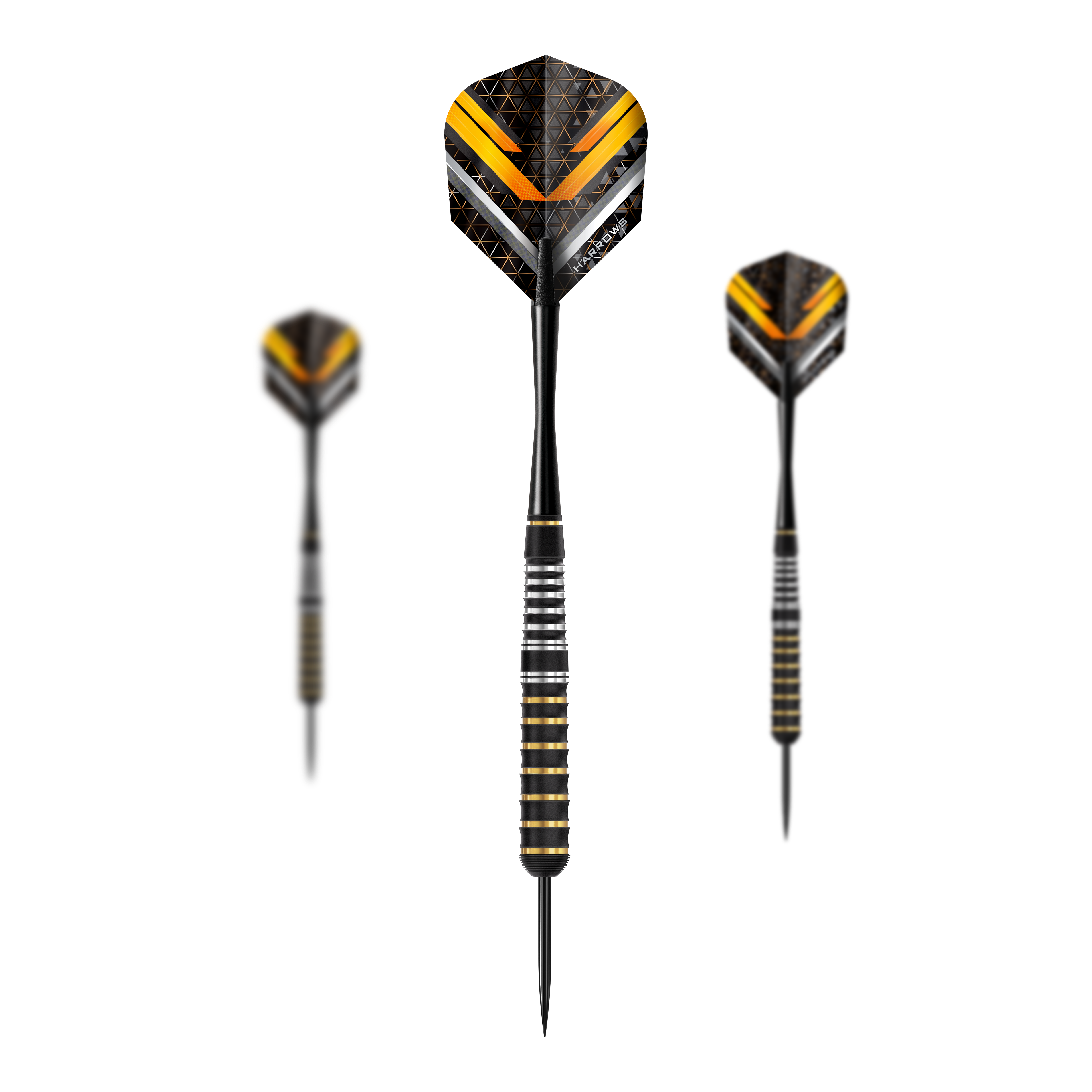 Das Bild zeigt die Harrows Vulcan Steeldarts. Es handelt sich um ein Set von Steeldarts für Dartspieler.