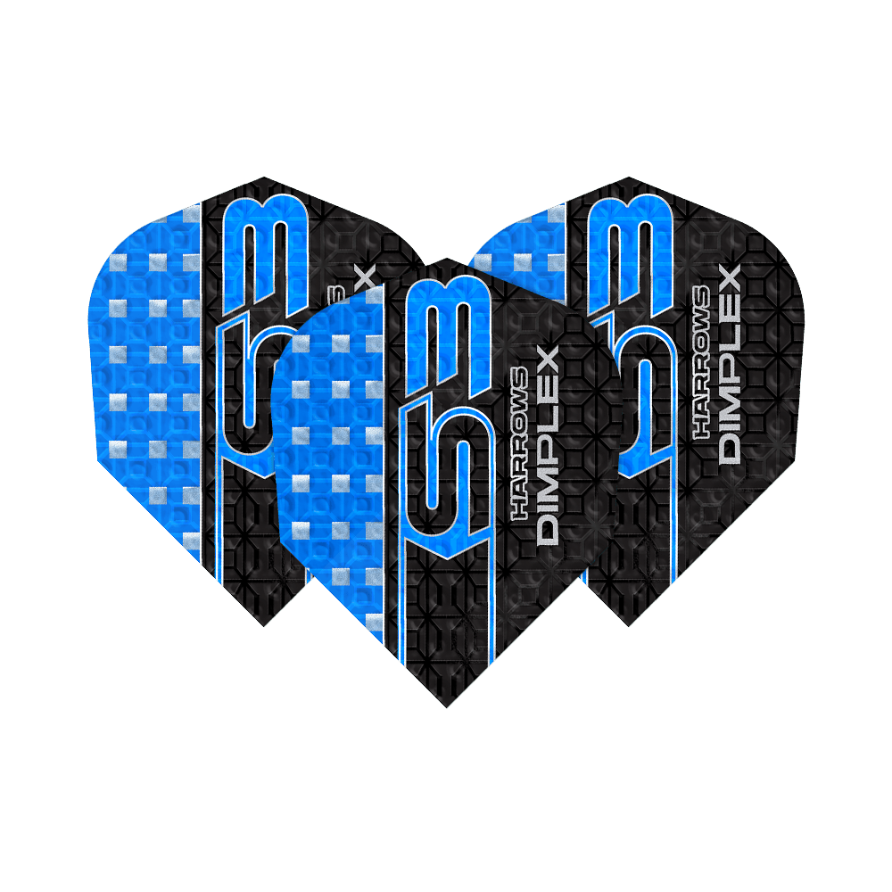 Harrows Dimplex S3 Flights - Blue Das Bild zeigt drei blaue Harrows Dimplex S3 Flights für Darts. Die Flights haben ein auffälliges Design mit blauen und schwarzen Mustern sowie der Aufschrift "S3" und "Dimplex".