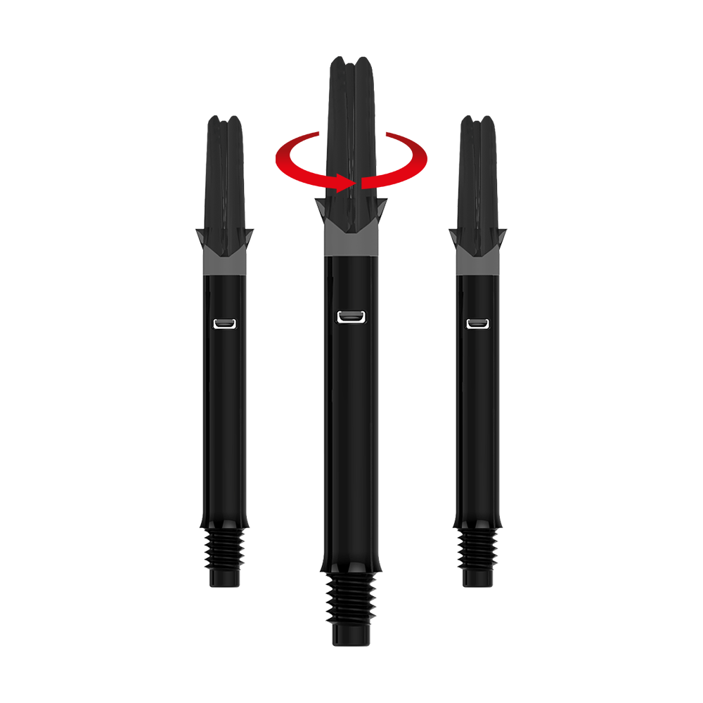 L-L-Style-Shafts Silent Straight - Black Das Bild zeigt drei schwarze Dartschäfte ohne Kappen. Über dem mittleren Schaft ist ein roter Pfeil, der eine Drehbewegung anzeigt.
