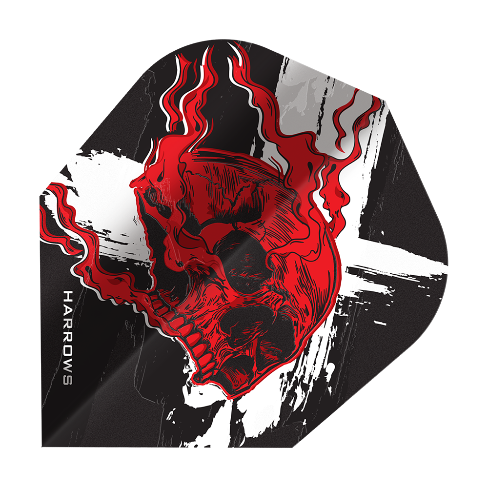 Auf dem Bild sind Harrows Ryan Searle Heavy Metal No6 Flights dargestellt. Die Flights sind bekannt für ihre hohe Qualität und das markante Design.