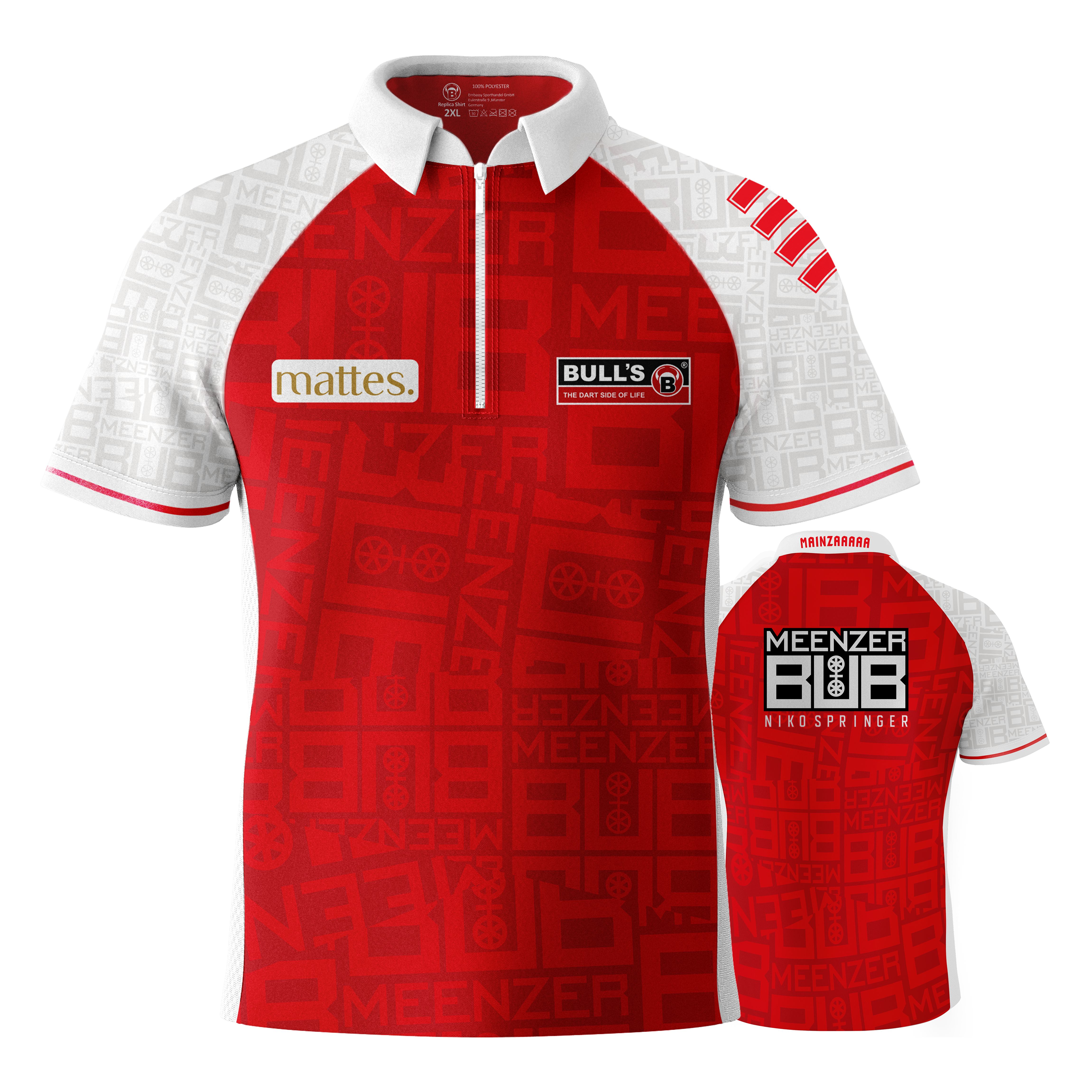 Das Bild zeigt das Dartshirt "Bulls Niko Springer Meenzer Bub" in Rot und Weiß. Auf der Vorder- und Rückseite sind verschiedene Logos und Schriftzüge abgebildet.