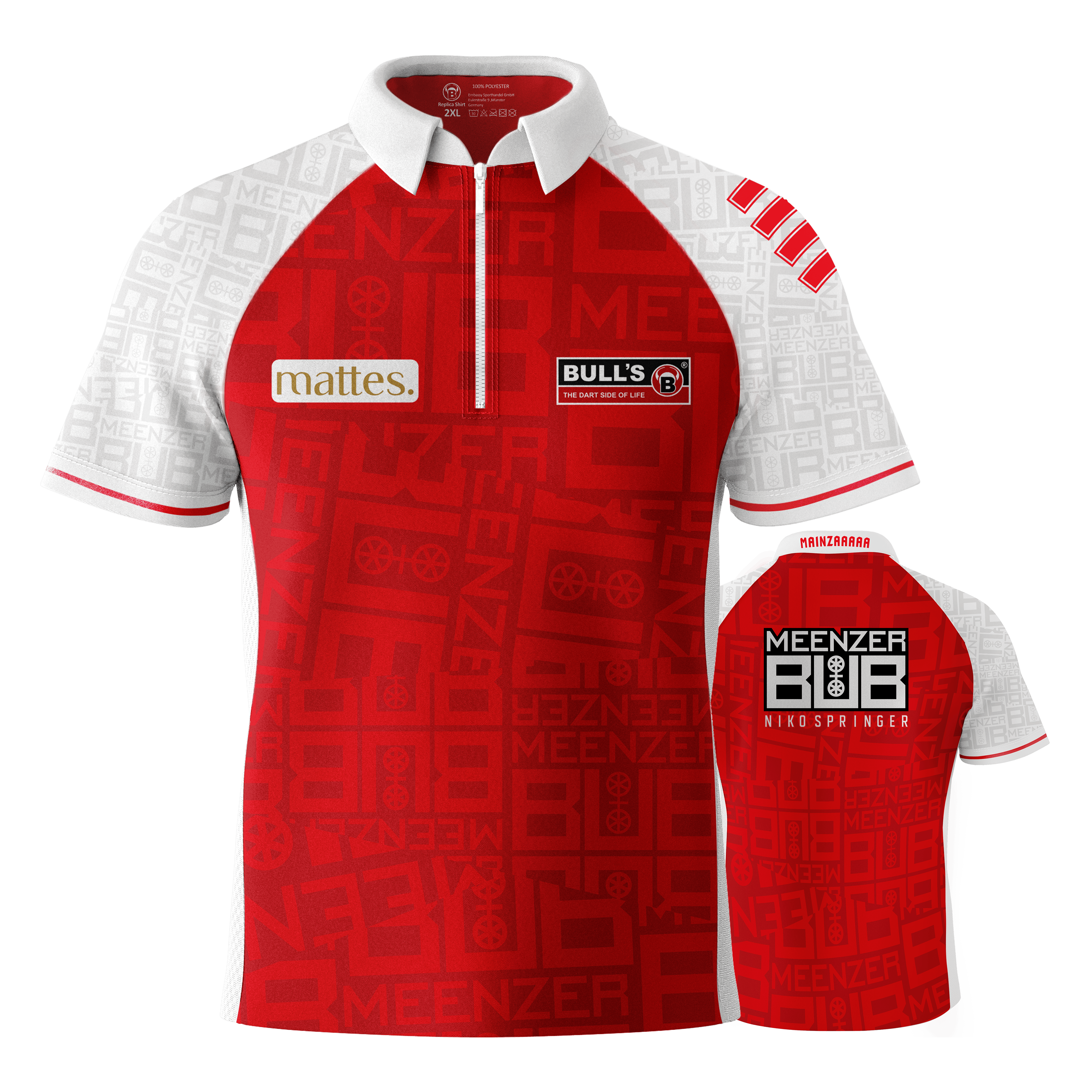 Bulls Niko Springer Meenzer Bub dart shirt Das Bild zeigt das Dartshirt "Bulls Niko Springer Meenzer Bub" in Rot und Weiß. Auf der Vorder- und Rückseite sind verschiedene Logos und Schriftzüge abgebildet.