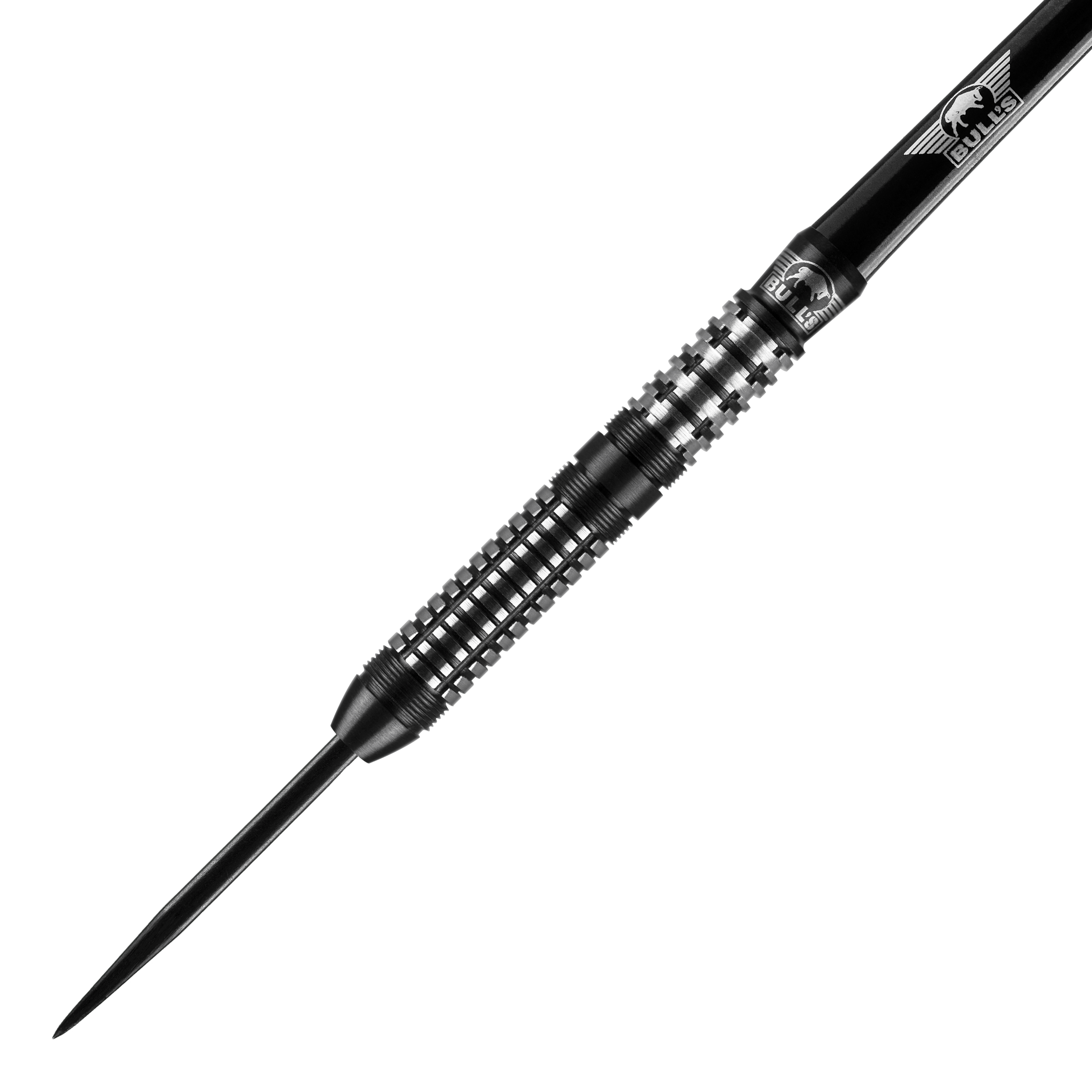 Bulls NL Luna Neoma steel darts Das Bild zeigt einen Bulls NL Luna Neoma Steeldart. Der Dartpfeil ist schwarz-silbern und hat ein feines, geriffeltes Griffdesign.