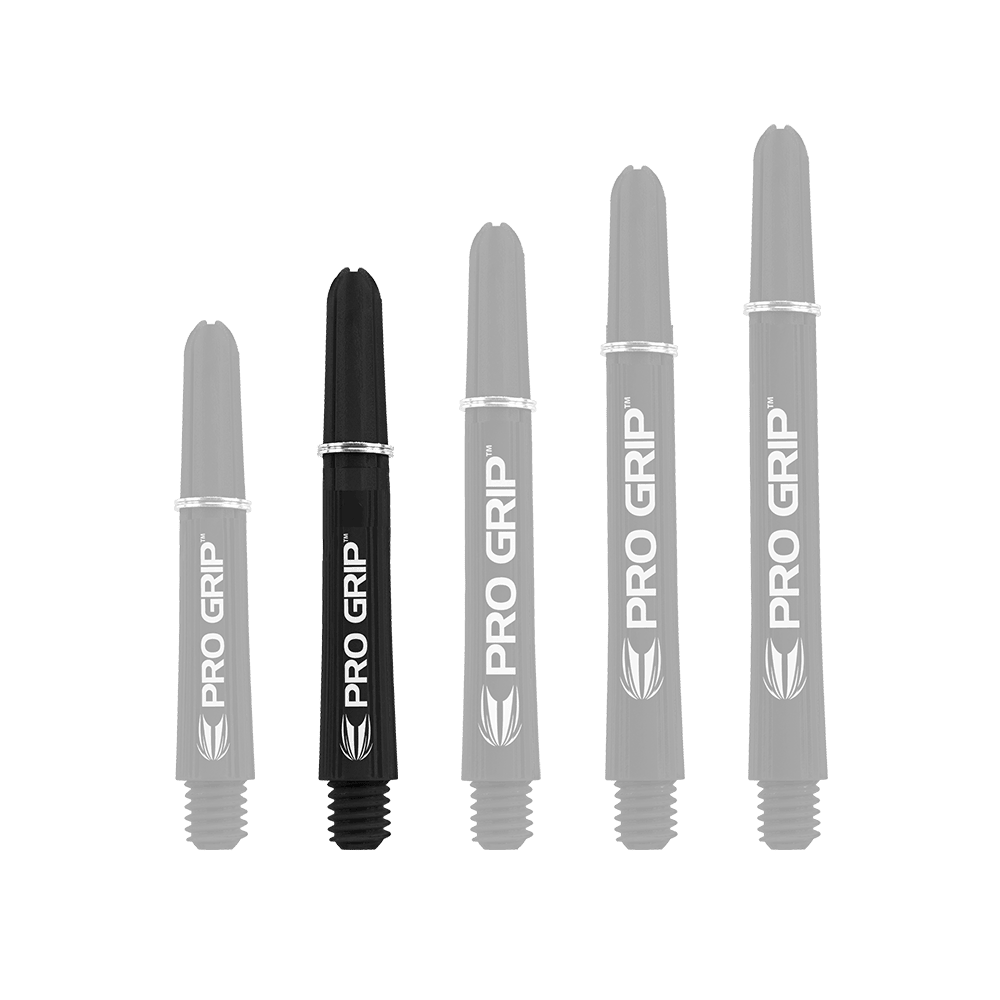 110164_Target_Pro_Grip_Shafts_Schwarz_375mm_1 Das Bild zeigt fünf schwarze Target Pro Grip Shafts in unterschiedlichen Längen. Auf jedem Shaft steht in weißer Schrift "PRO GRIP".