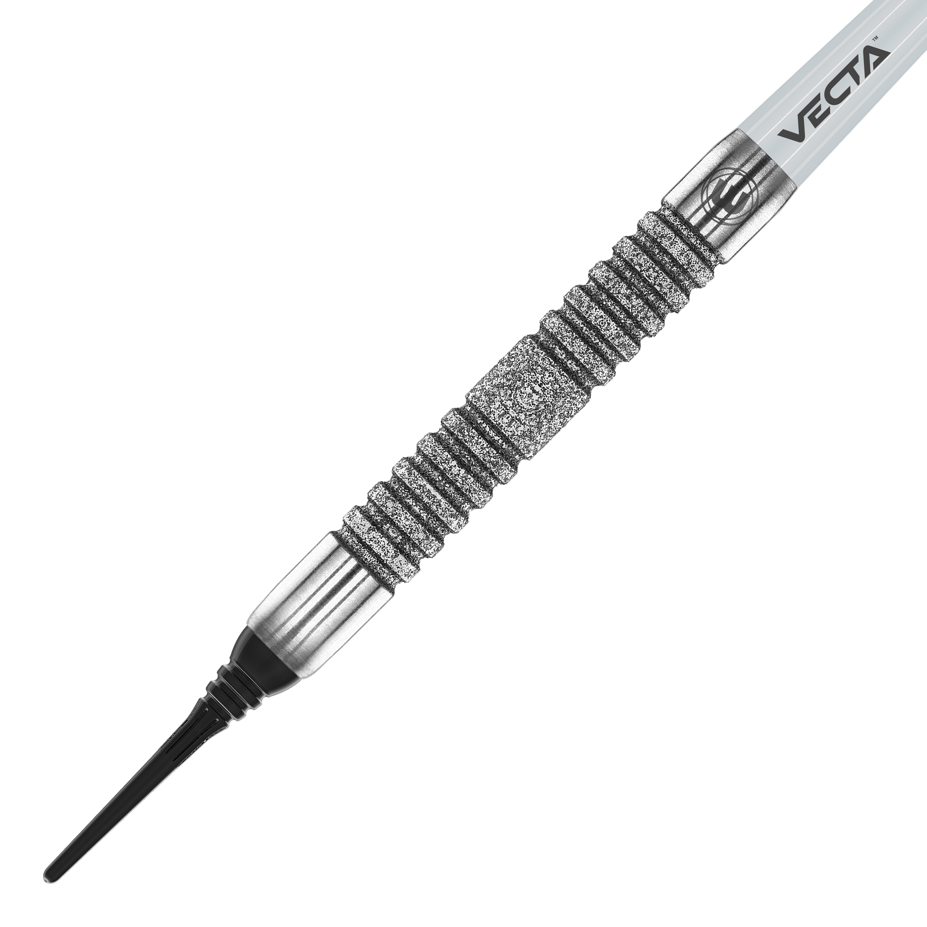 Winmau Jules Van Dongen soft darts - 20g Das Bild zeigt den Winmau Jules Van Dongen Softdart mit einem Gewicht von 20g. Der Dart hat ein silbernes, geriffeltes Griffstück und eine schwarze Spitze.
