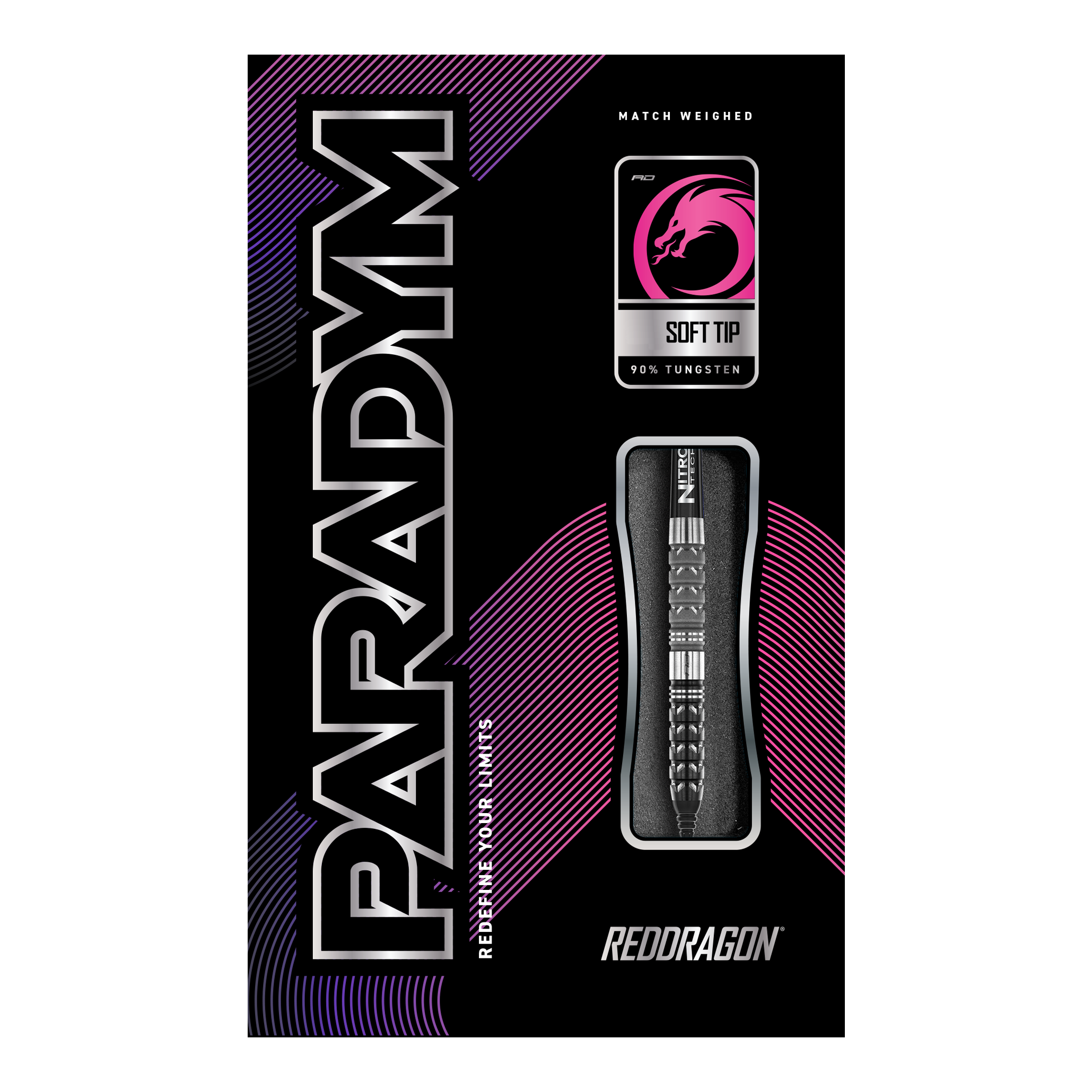 Red Dragon Paradym Tapered Soft Darts - 20g Das Bild zeigt die Verpackung der "Red Dragon Paradym Tapered Softdarts - 20g". Die Verpackung ist schwarz mit auffälligen pinken und silbernen Akzenten und zeigt den Dartpfeil und das Red Dragon Logo.