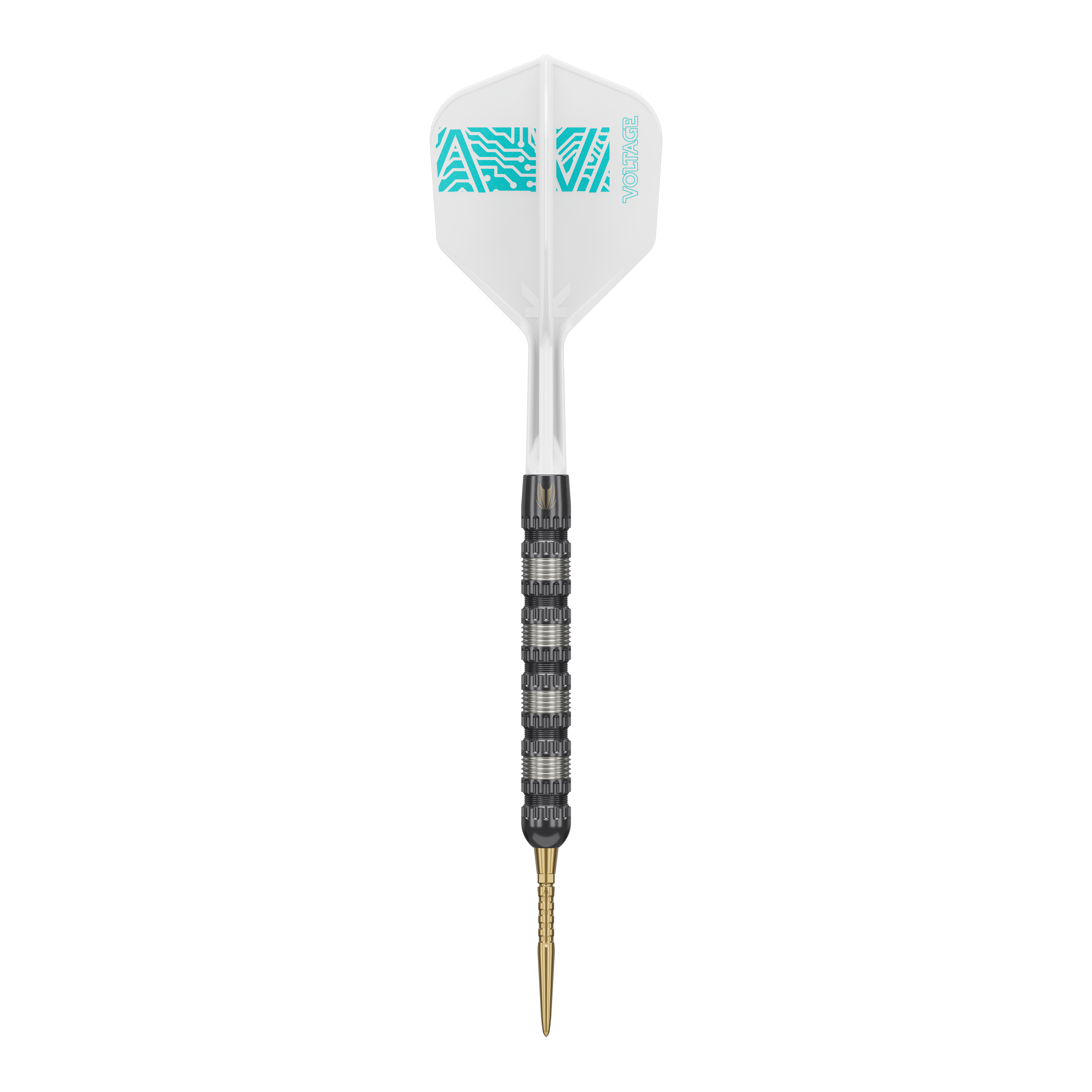 Target Rob Cross 95K Swiss Point Steel Darts Das Bild zeigt einen Target Rob Cross 95K Swiss Point Steeldart. Der Dart hat eine weiße Flügel mit blauen Mustern und einen schwarzen, strukturierten Schaft mit einer goldenen Spitze.
